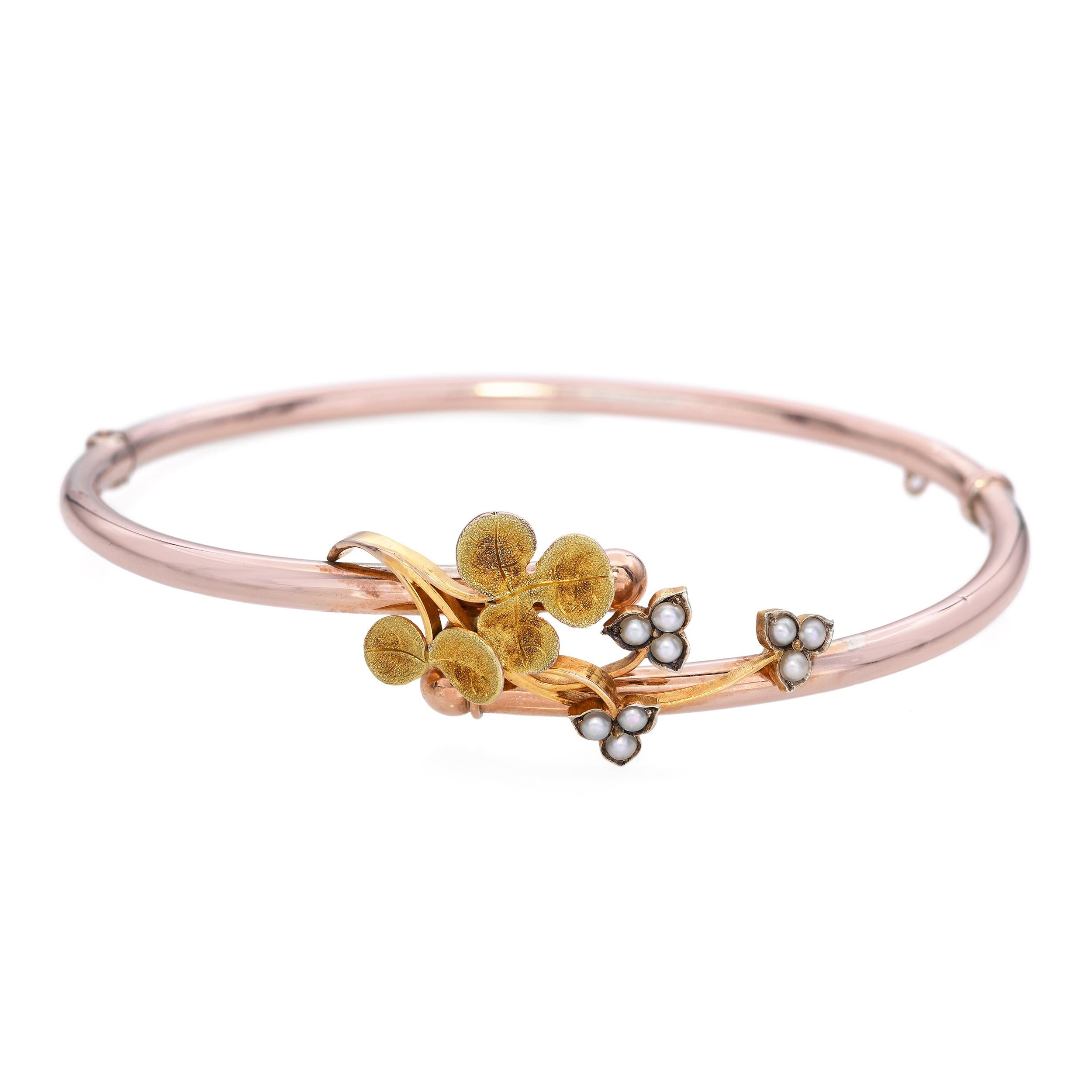 Antique Victorian Rose Gold with Yellow Gold Seed Pearl Flower Hinged Bracelet