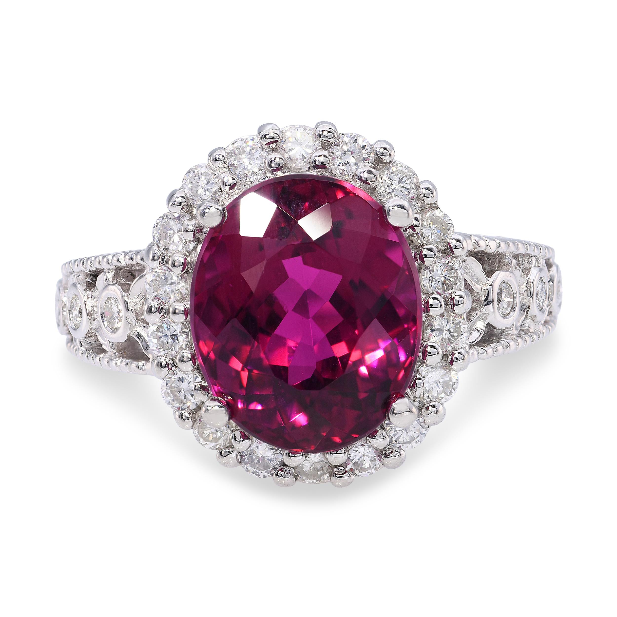 Platinum 5.45ct Rubellite & .67ctw Diamond Halo Ring