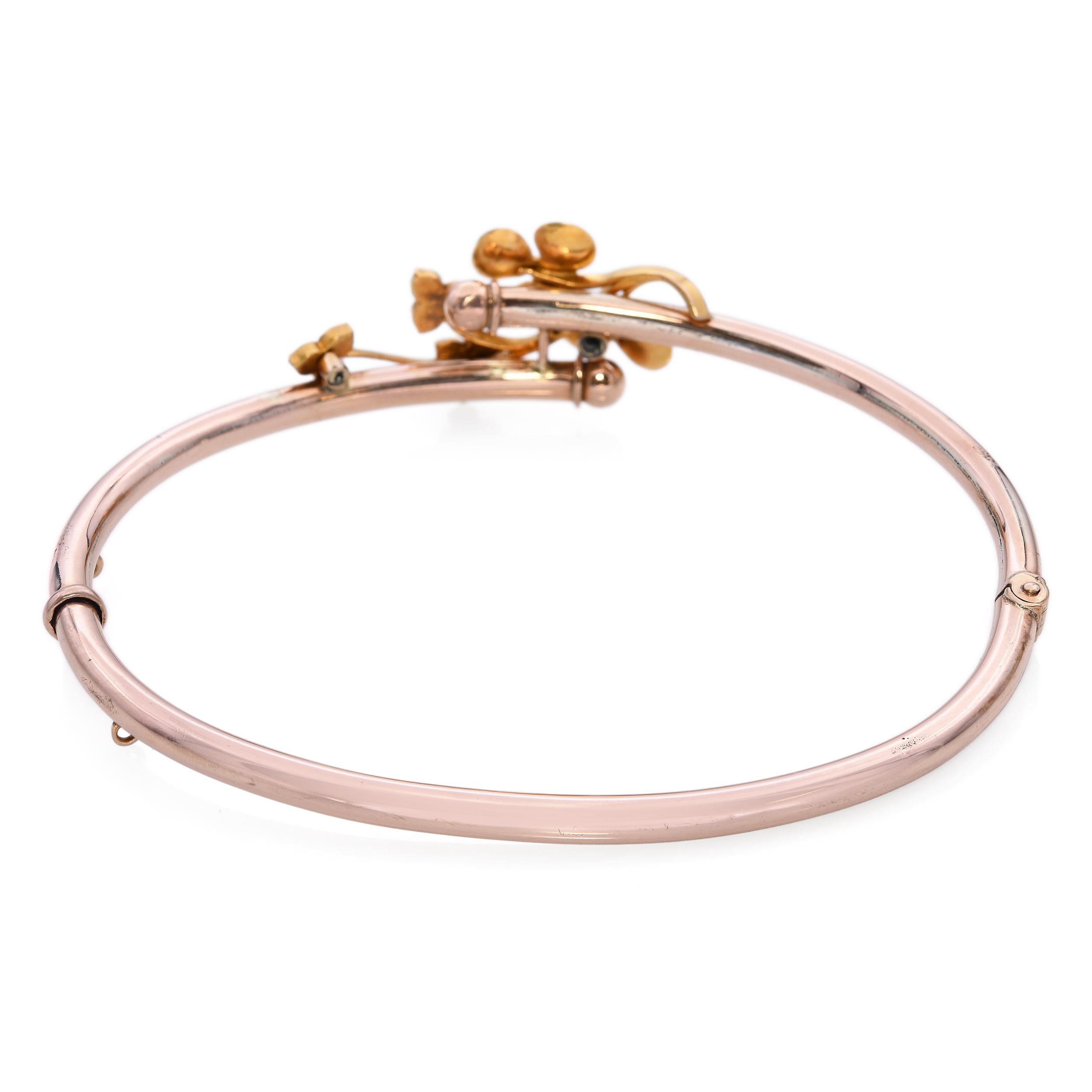 Antique Victorian Rose Gold with Yellow Gold Seed Pearl Flower Hinged Bracelet