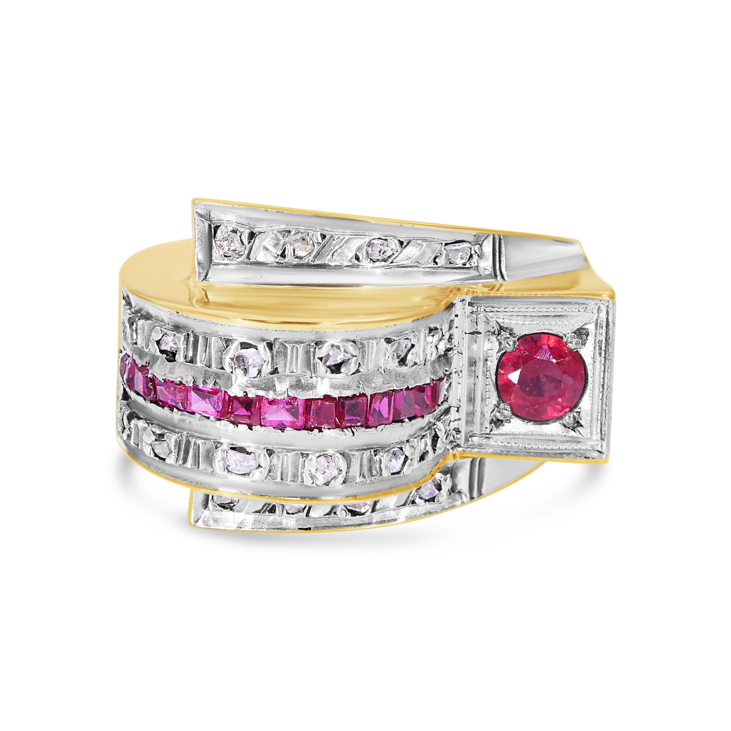 Vintage 16k Yellow Gold Diamond and Ruby Retro Geometric Hump Ring