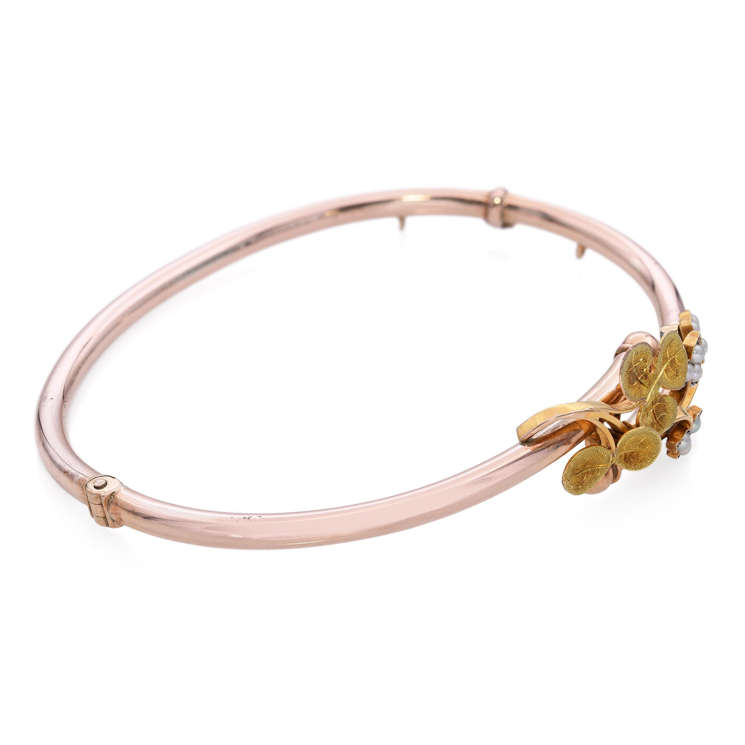 Antique Victorian Rose Gold with Yellow Gold Seed Pearl Flower Hinged Bracelet