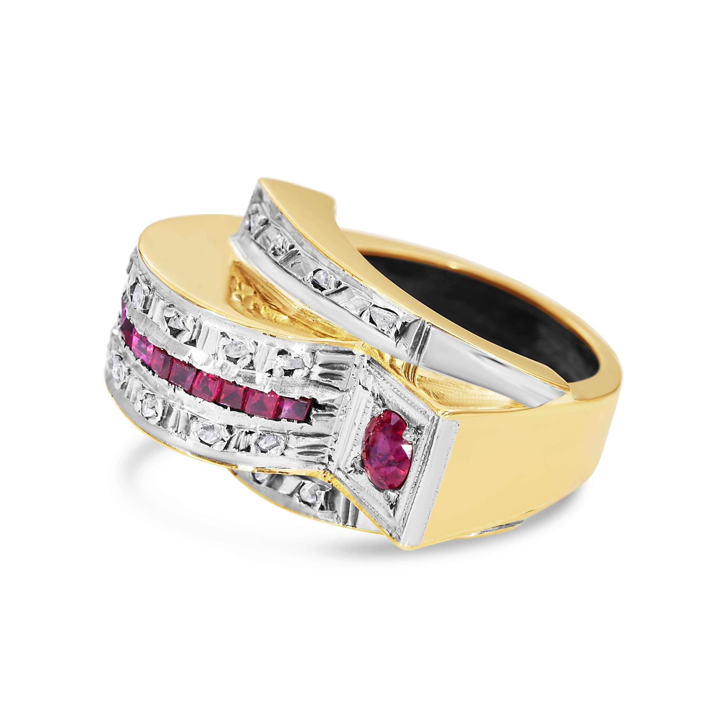 Vintage 16k Yellow Gold Diamond and Ruby Retro Geometric Hump Ring