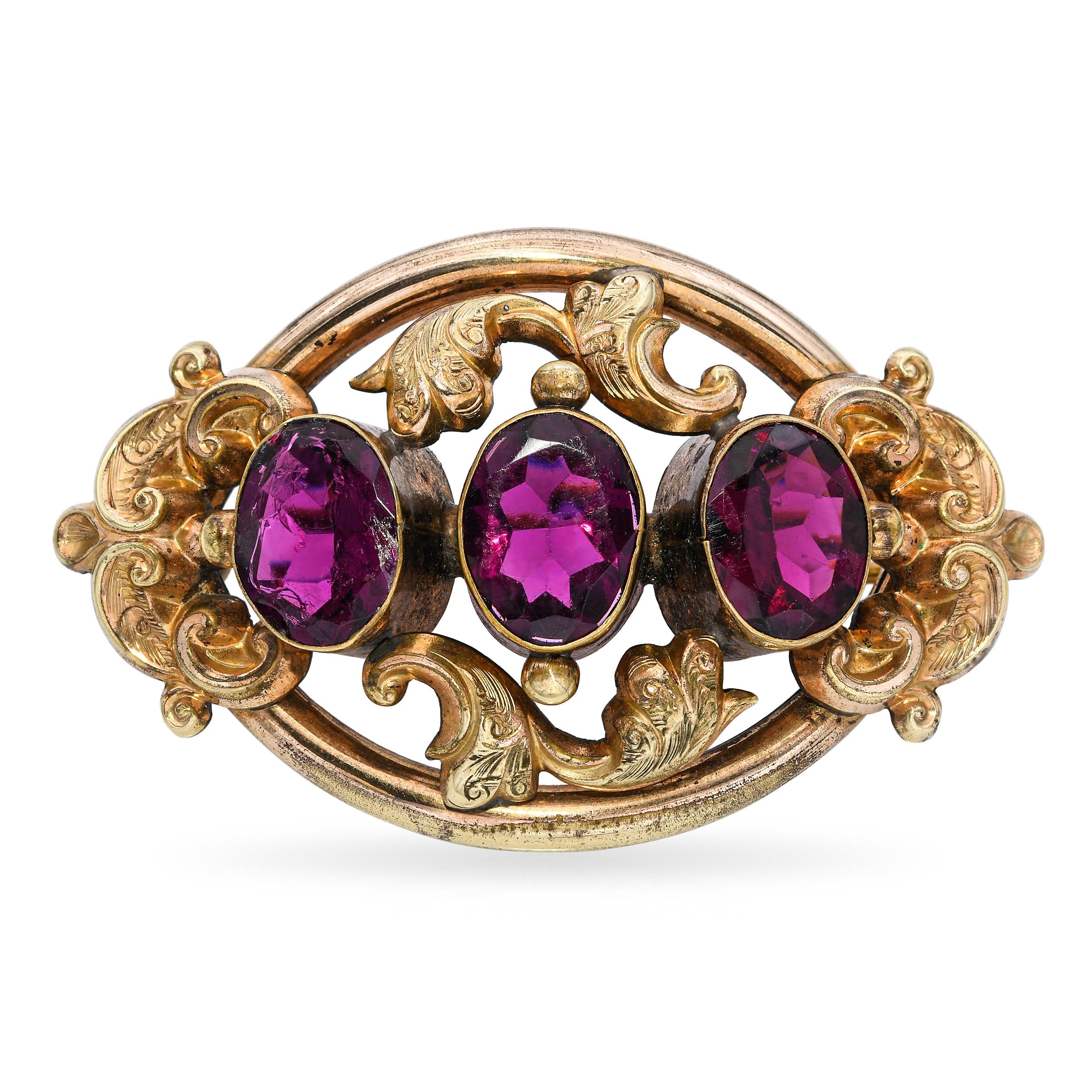Antique Gold Filled Ornate Rhodolite Garnet Brooch