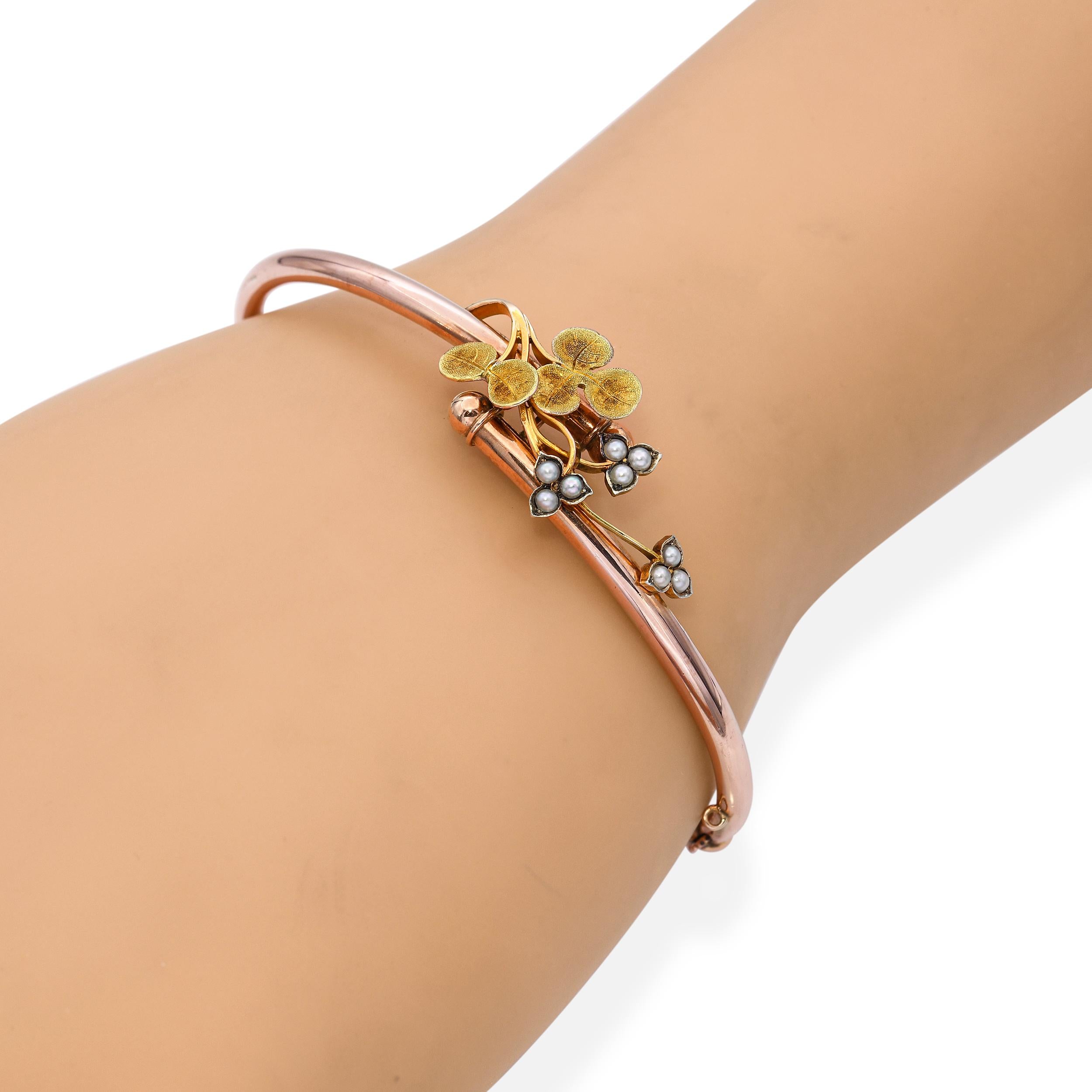 Antique Victorian Rose Gold with Yellow Gold Seed Pearl Flower Hinged Bracelet