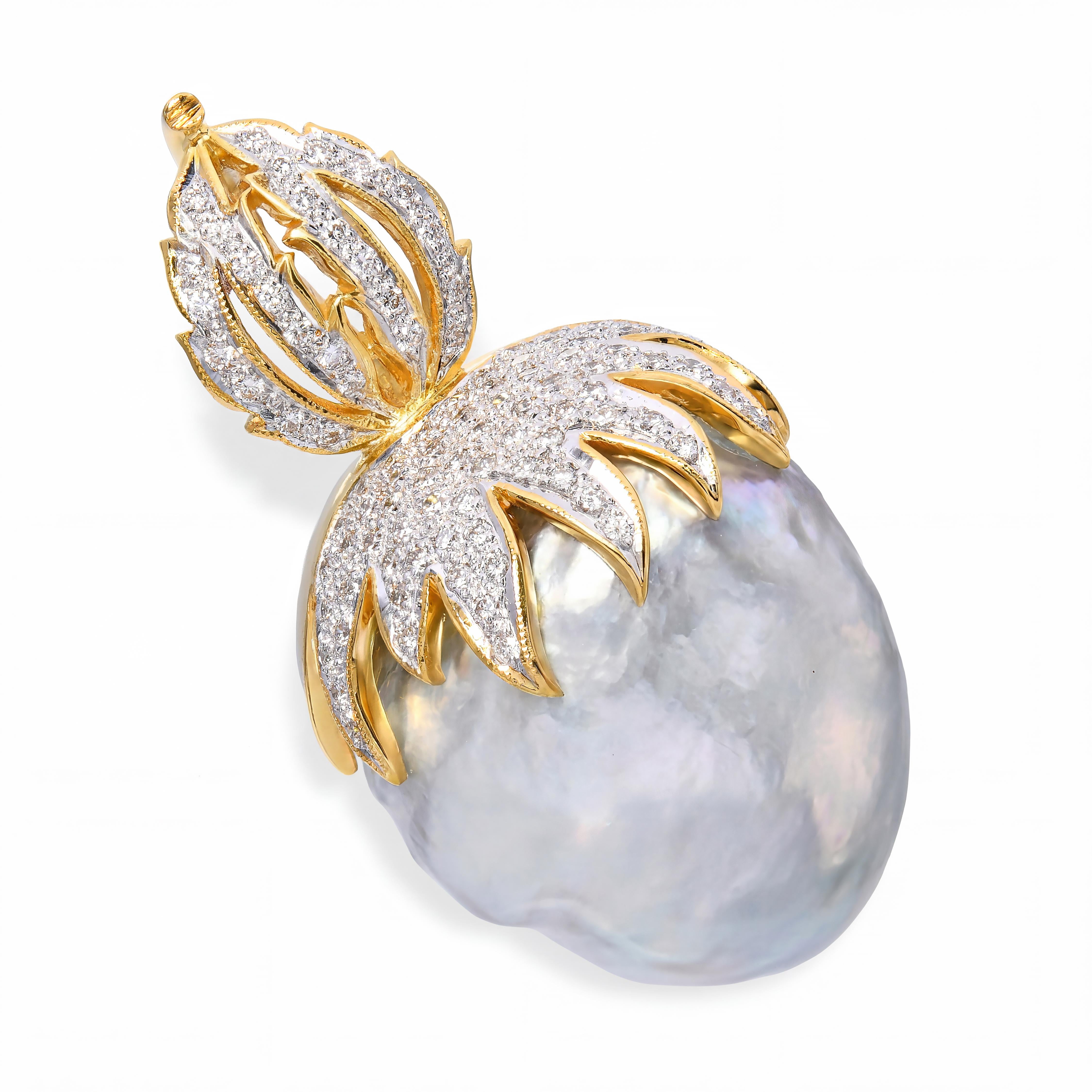 18k Yellow Gold Jumbo Grey Baroque South Sea Pearl and Diamond Pendant