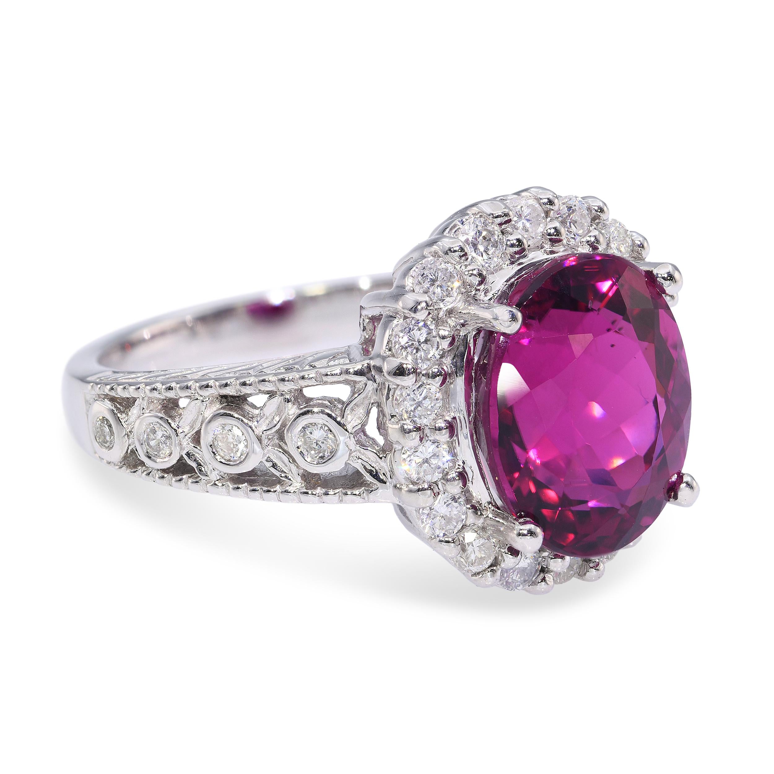 Platinum 5.45ct Rubellite & .67ctw Diamond Halo Ring