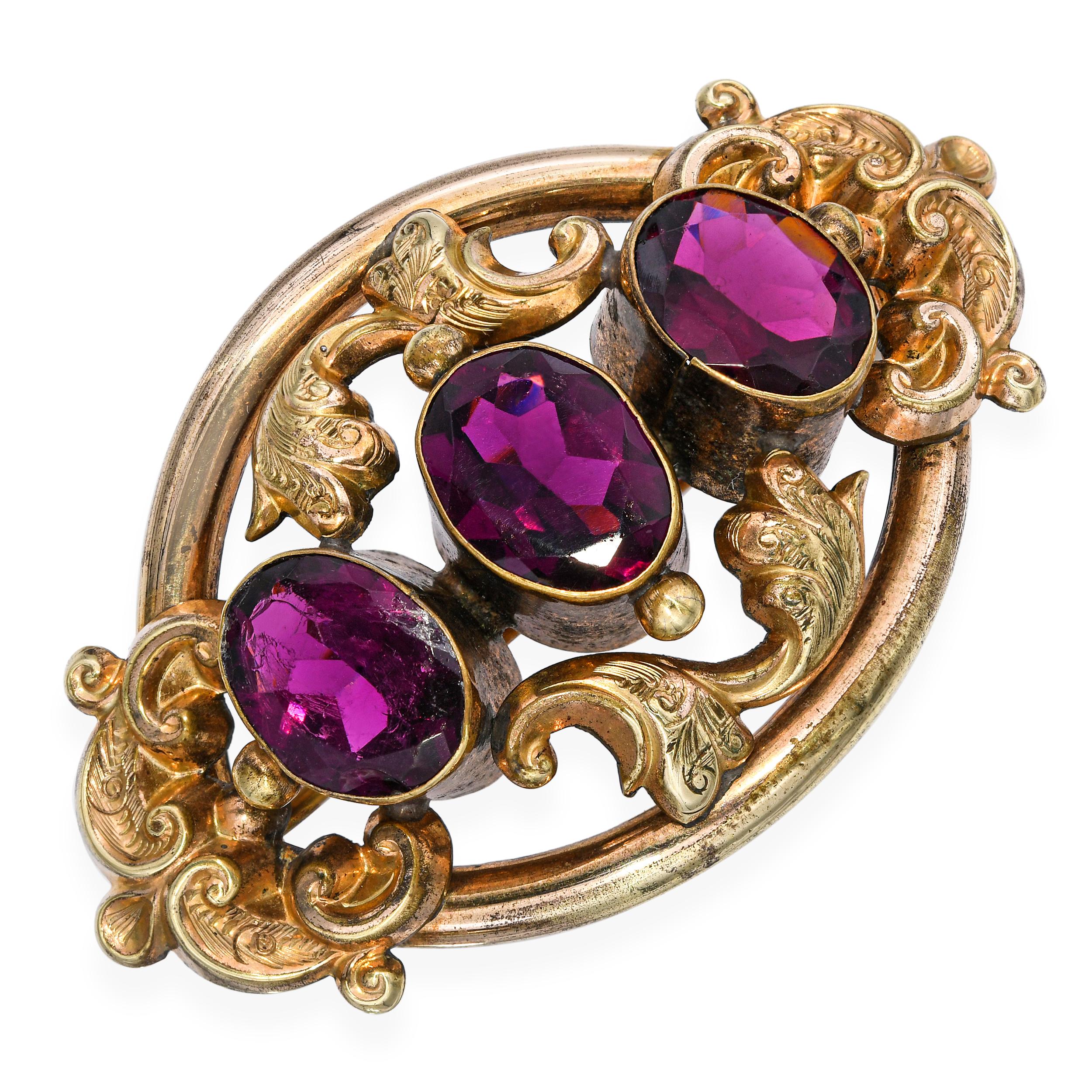 Antique Gold Filled Ornate Rhodolite Garnet Brooch