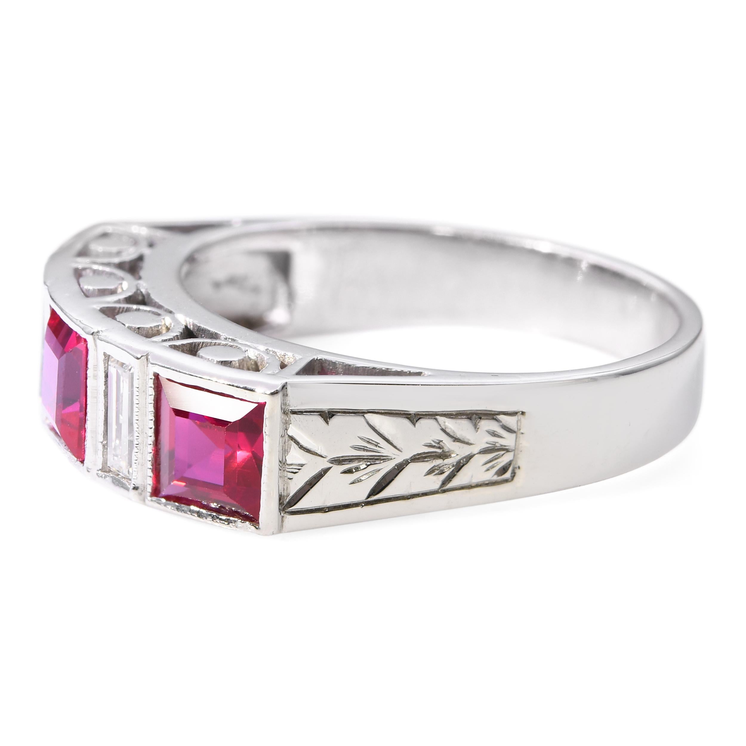 Vintage White Gold Synthetic Ruby and Diamond Ring