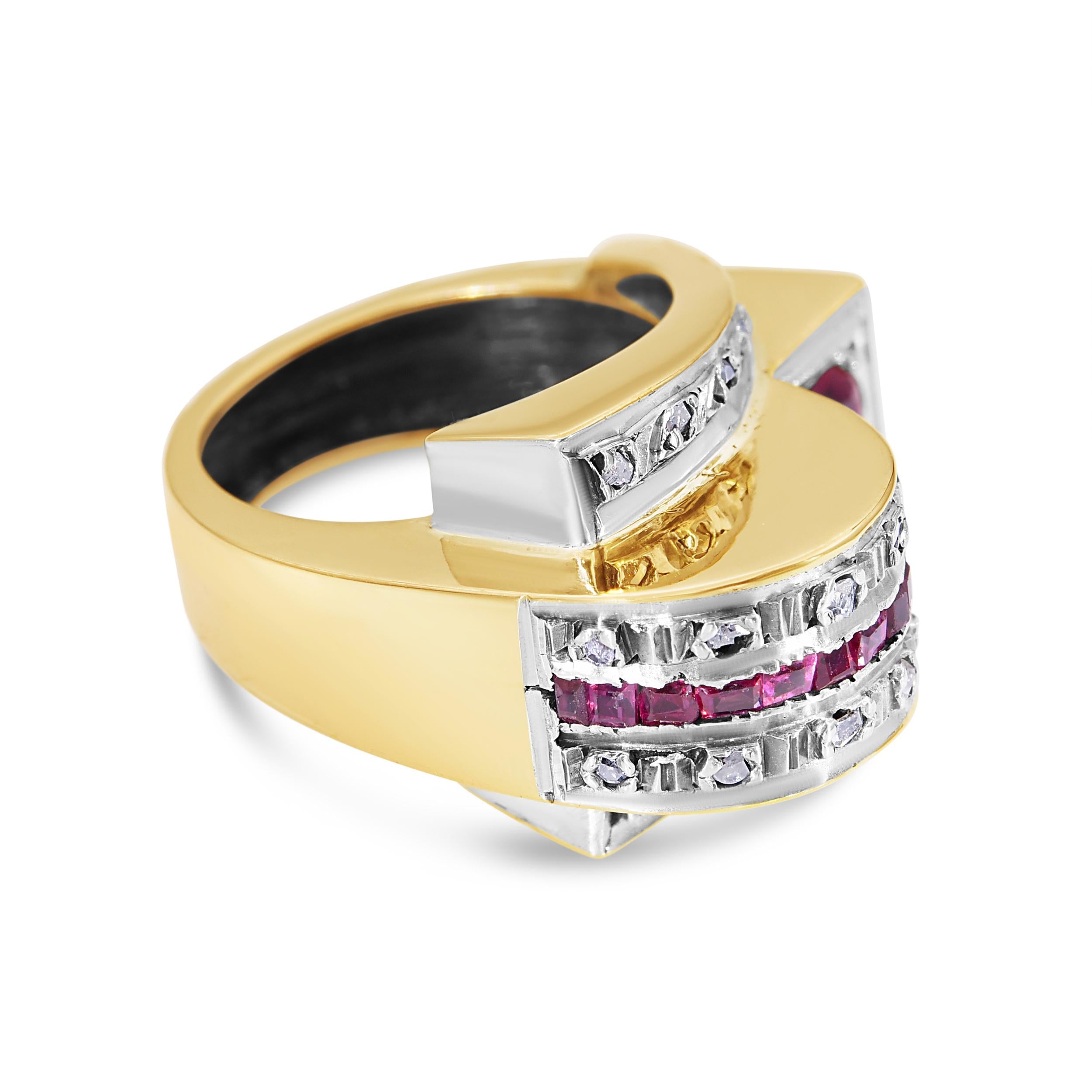 Vintage 16k Yellow Gold Diamond and Ruby Retro Geometric Hump Ring