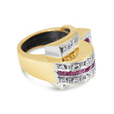 Vintage 16k Yellow Gold Diamond and Ruby Retro Geometric Hump Ring