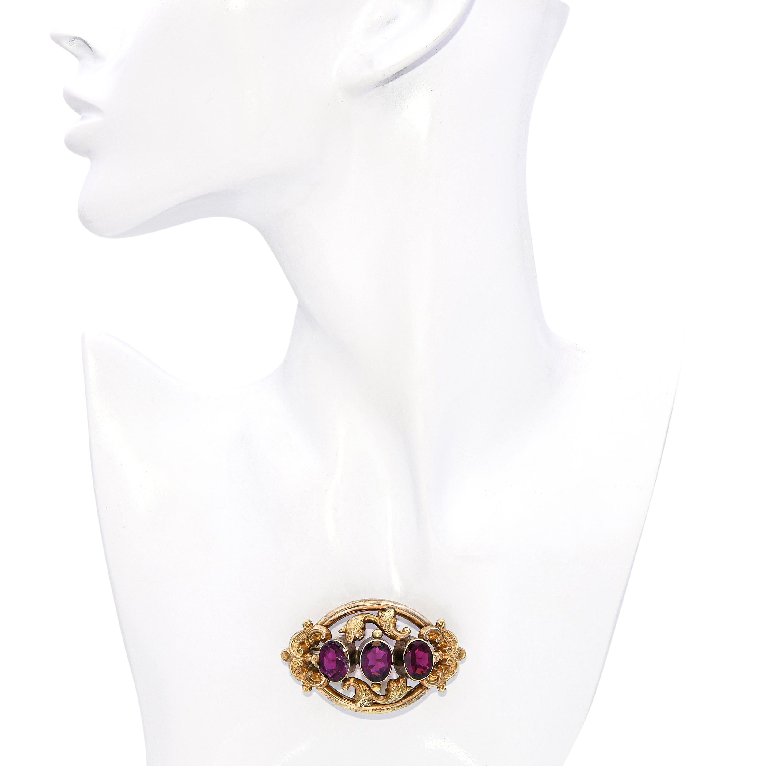Antique Gold Filled Ornate Rhodolite Garnet Brooch