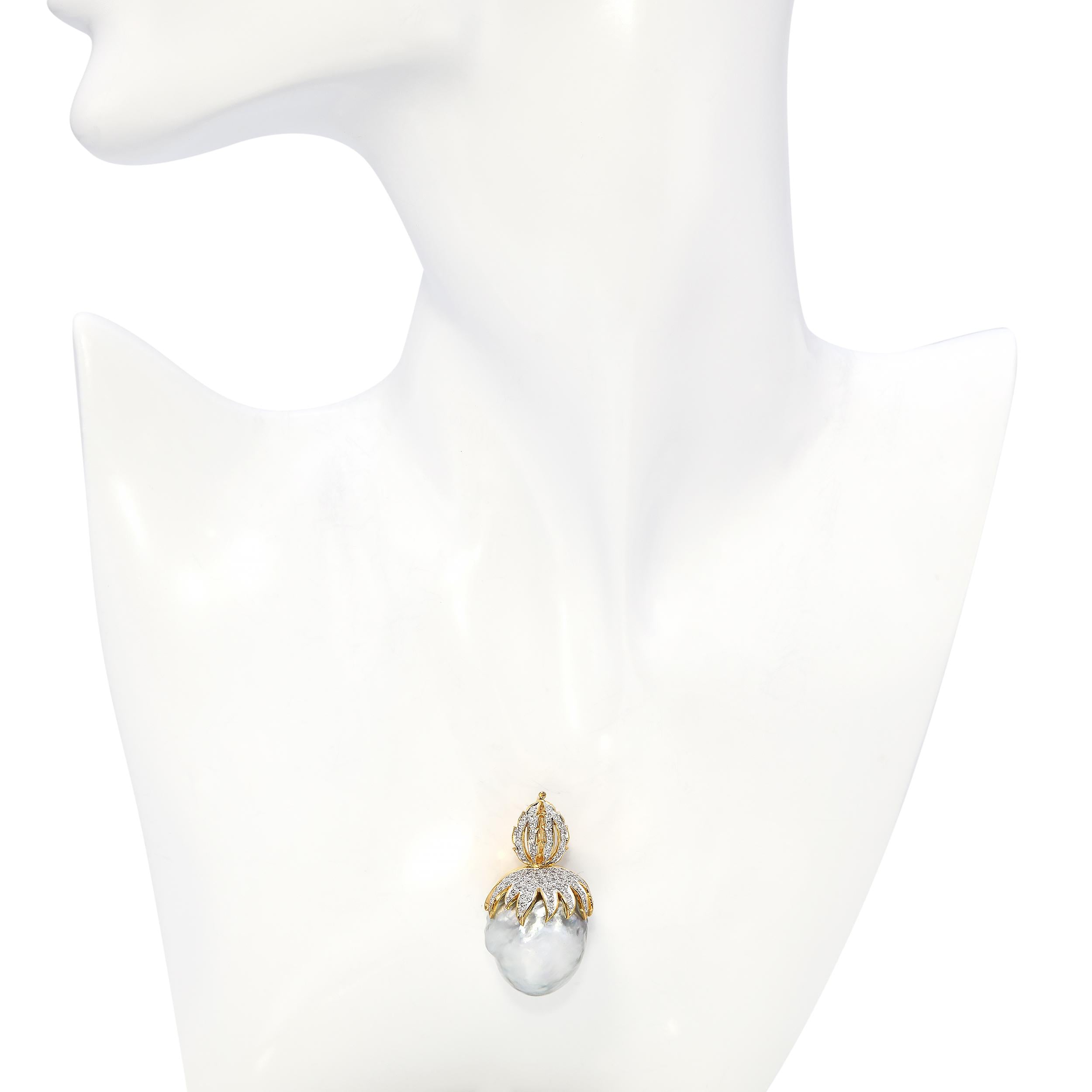 18k Yellow Gold Jumbo Grey Baroque South Sea Pearl and Diamond Pendant
