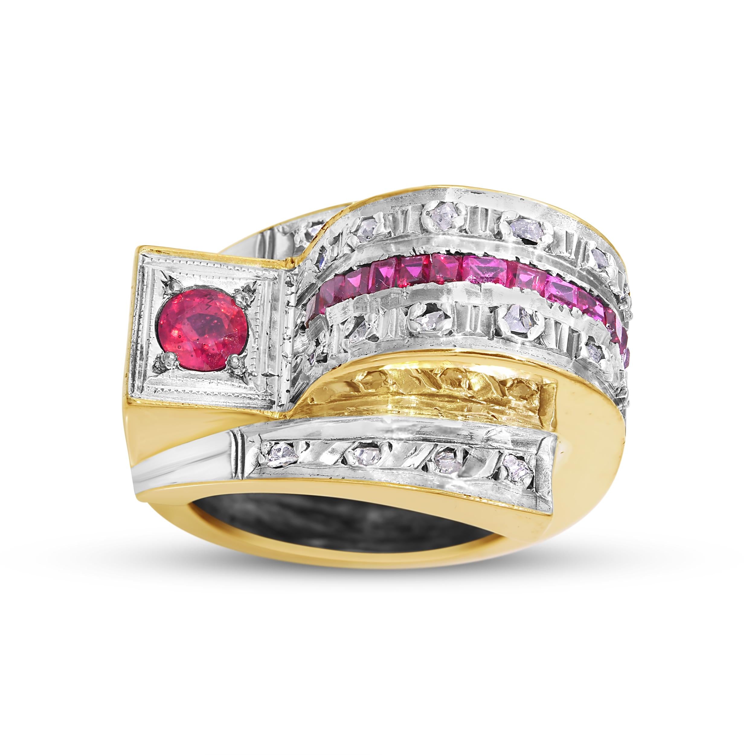 Vintage 16k Yellow Gold Diamond and Ruby Retro Geometric Hump Ring
