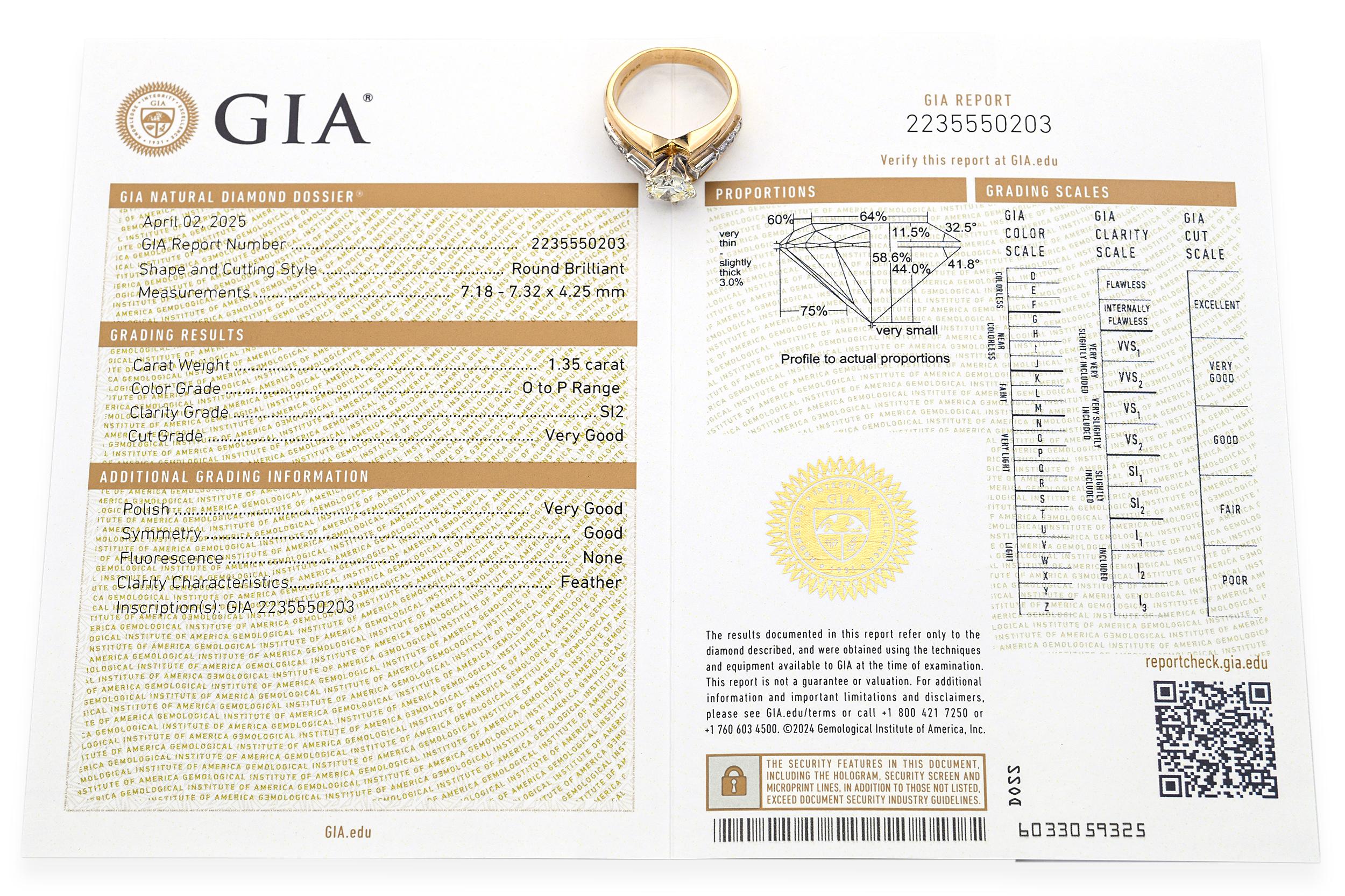 Vintage 18k Yellow Gold 1.35ct O-P SI2 Diamond Engagement Ring GIA Certified