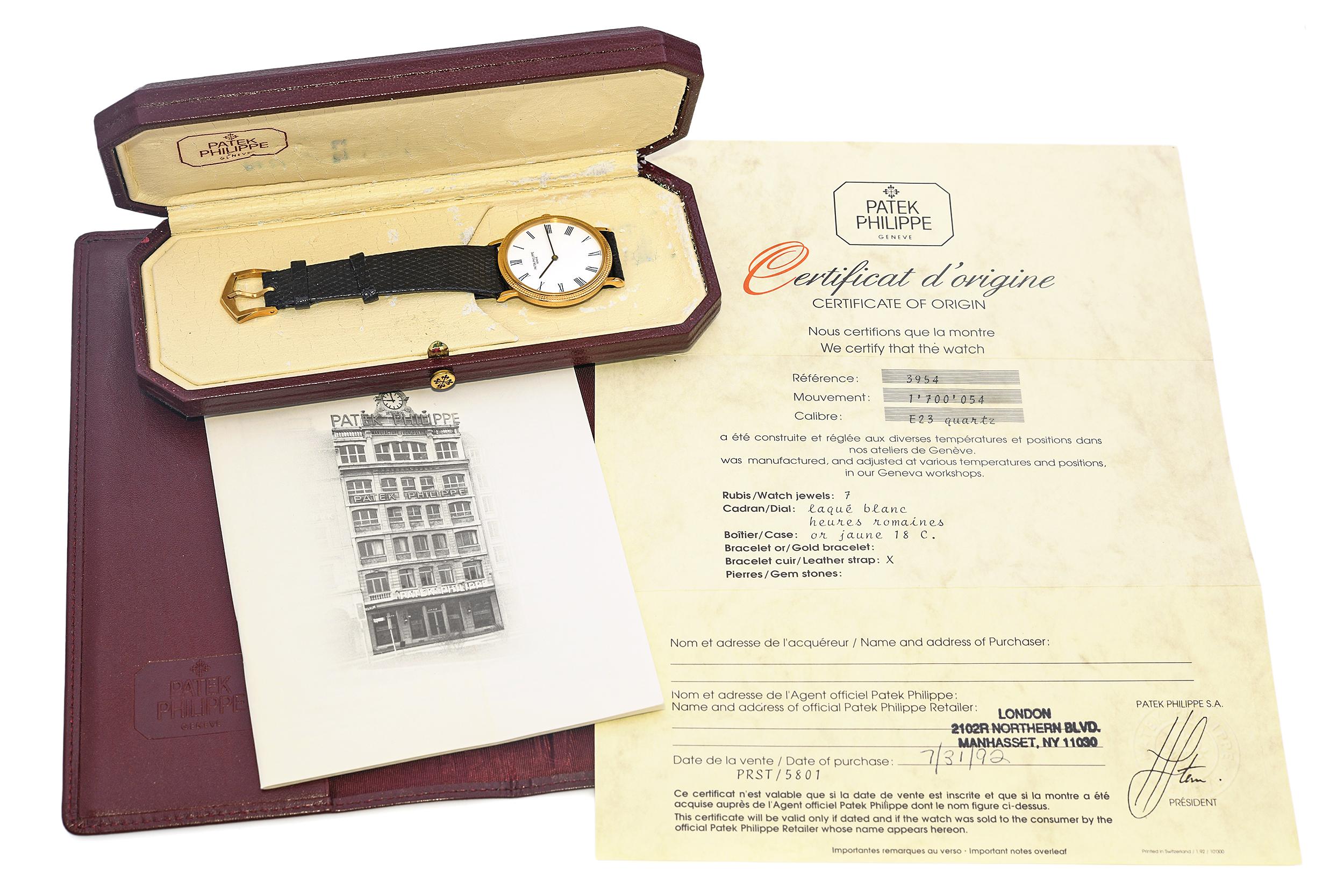 Patek Philippe Calatrava 18K Yellow Gold Quartz Men’s Watch Ref. 3954