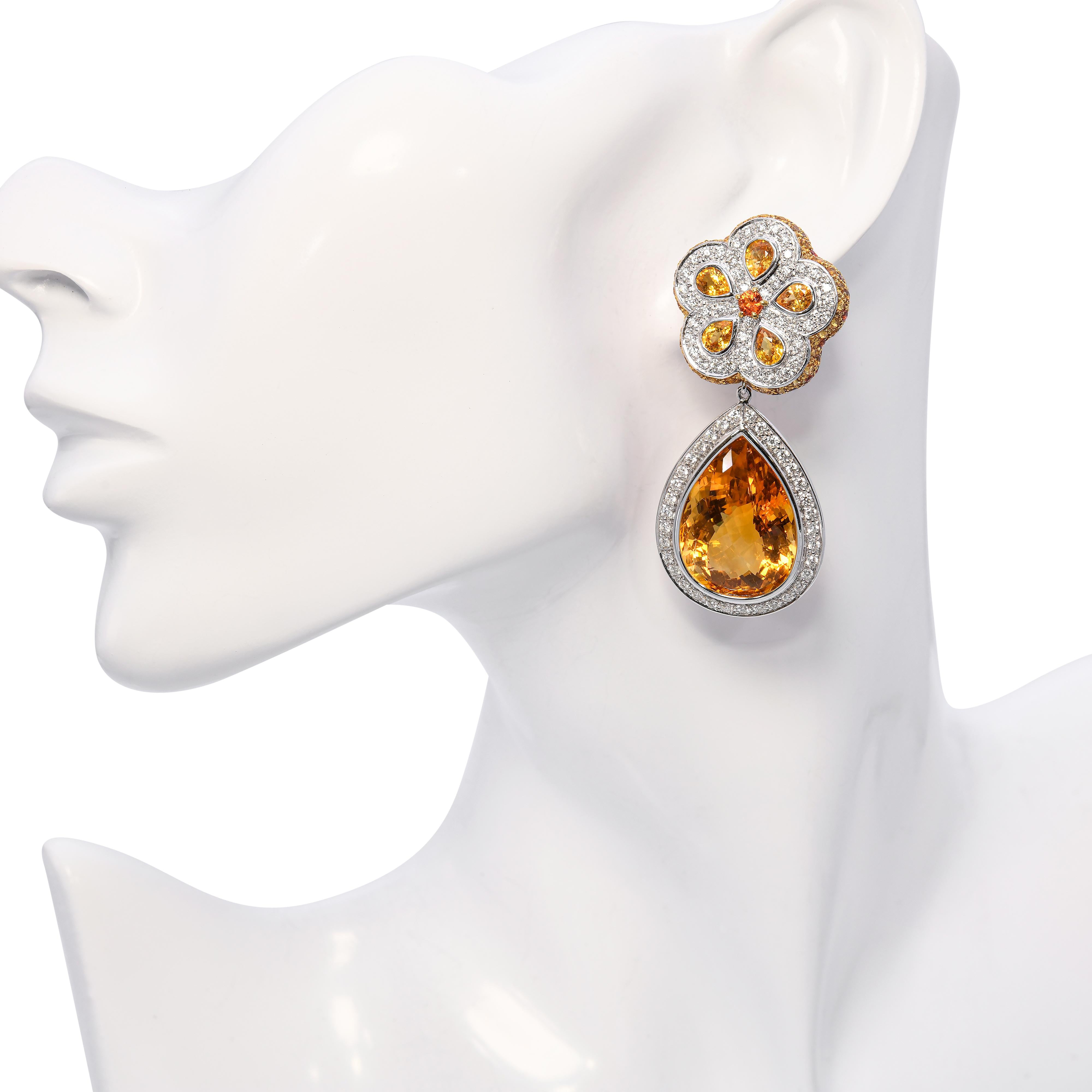 Pevtra 18k White Gold Citrine Topaz and Diamond Convertible Drop Earrings