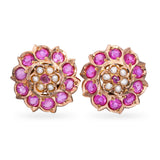 15K Yellow Gold 0.71 TCW Pink Ruby and Pearl Flower Stud Earrings