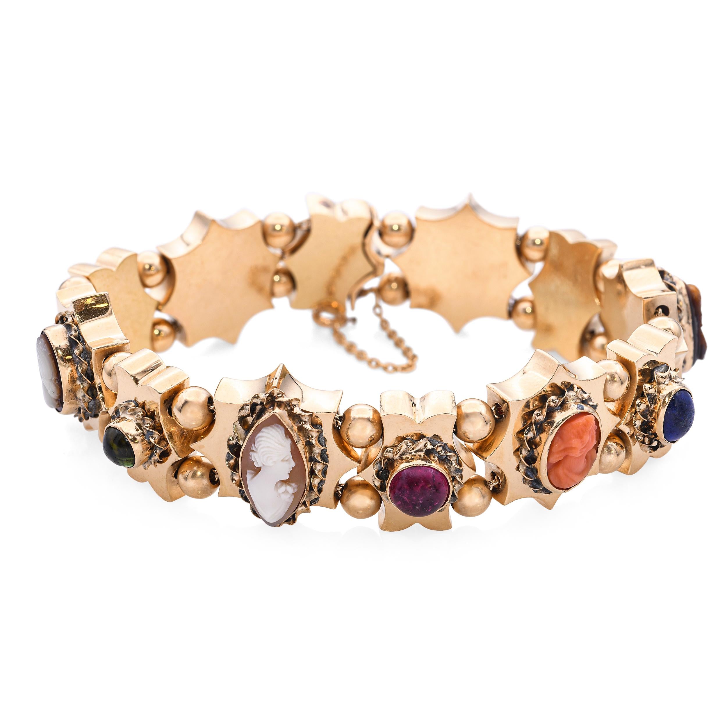 Antique 14k Yellow Gold Multi-Stone & Cameo Slide Bracelet