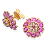 15K Yellow Gold 0.71 TCW Pink Ruby and Pearl Flower Stud Earrings