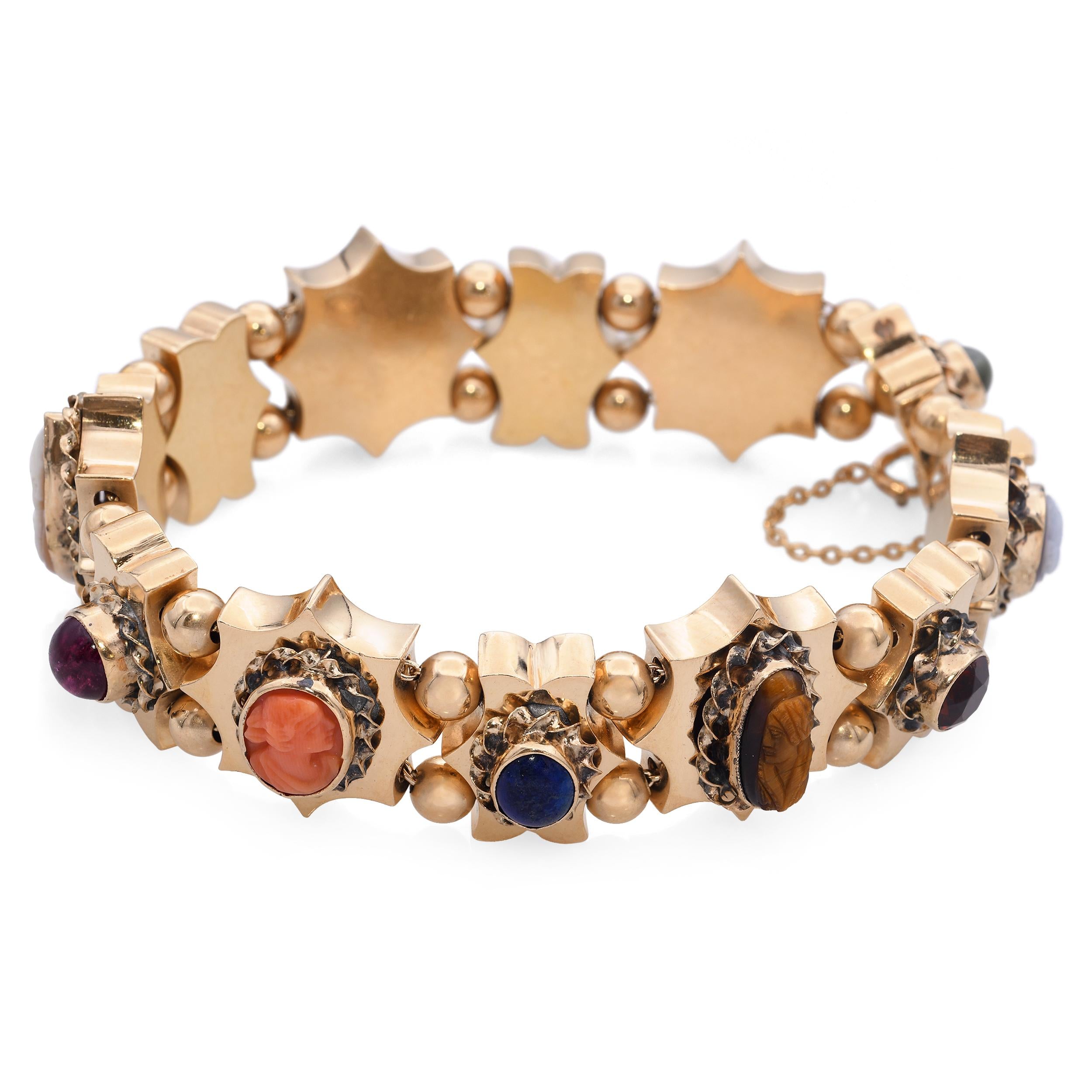 Antique 14k Yellow Gold Multi-Stone & Cameo Slide Bracelet