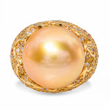 18k Yellow Gold South Sea Pearl Fancy Diamond and Sapphire Pave Flame Ring