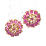15K Yellow Gold 0.71 TCW Pink Ruby and Pearl Flower Stud Earrings