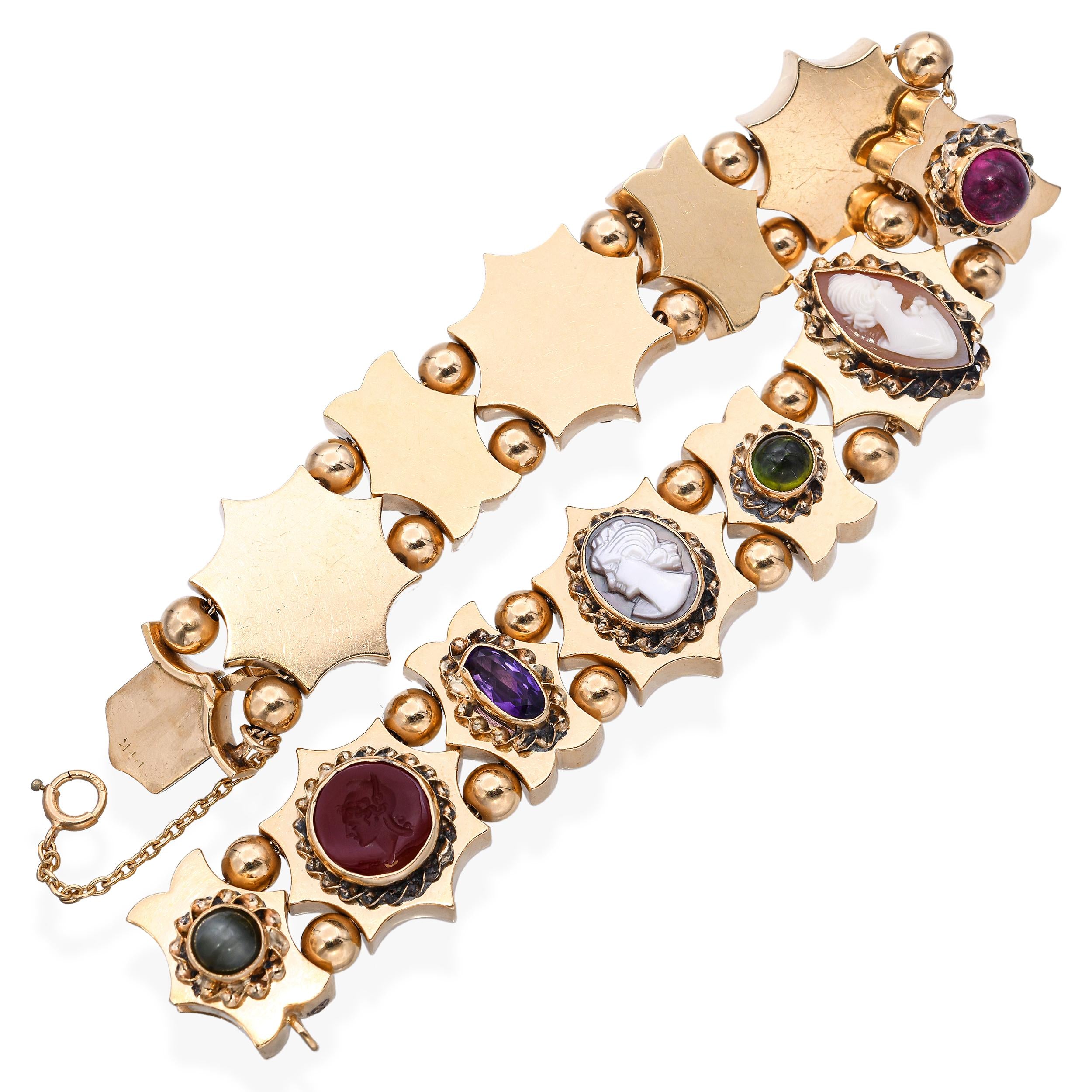 Antique 14k Yellow Gold Multi-Stone & Cameo Slide Bracelet