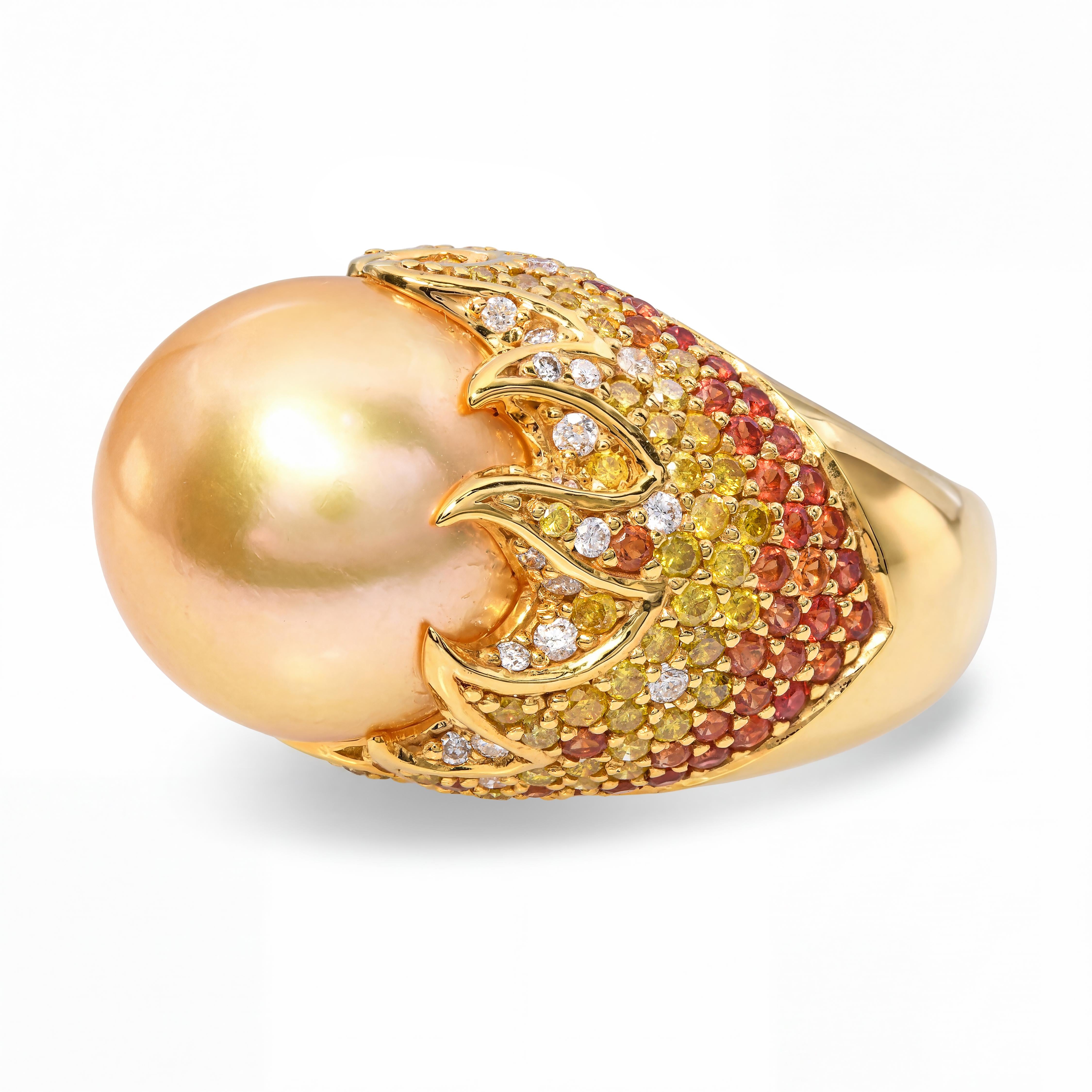 18k Yellow Gold South Sea Pearl Fancy Diamond and Sapphire Pave Flame Ring