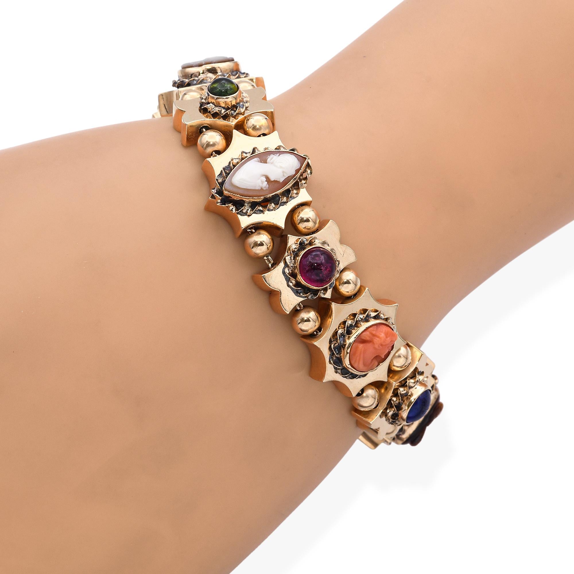 Antique 14k Yellow Gold Multi-Stone & Cameo Slide Bracelet