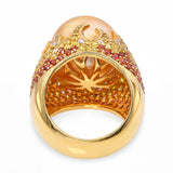 18k Yellow Gold South Sea Pearl Fancy Diamond and Sapphire Pave Flame Ring