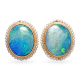 Vintage Yellow Gold Doublet Opal with Seed Pearl Halo Earrings