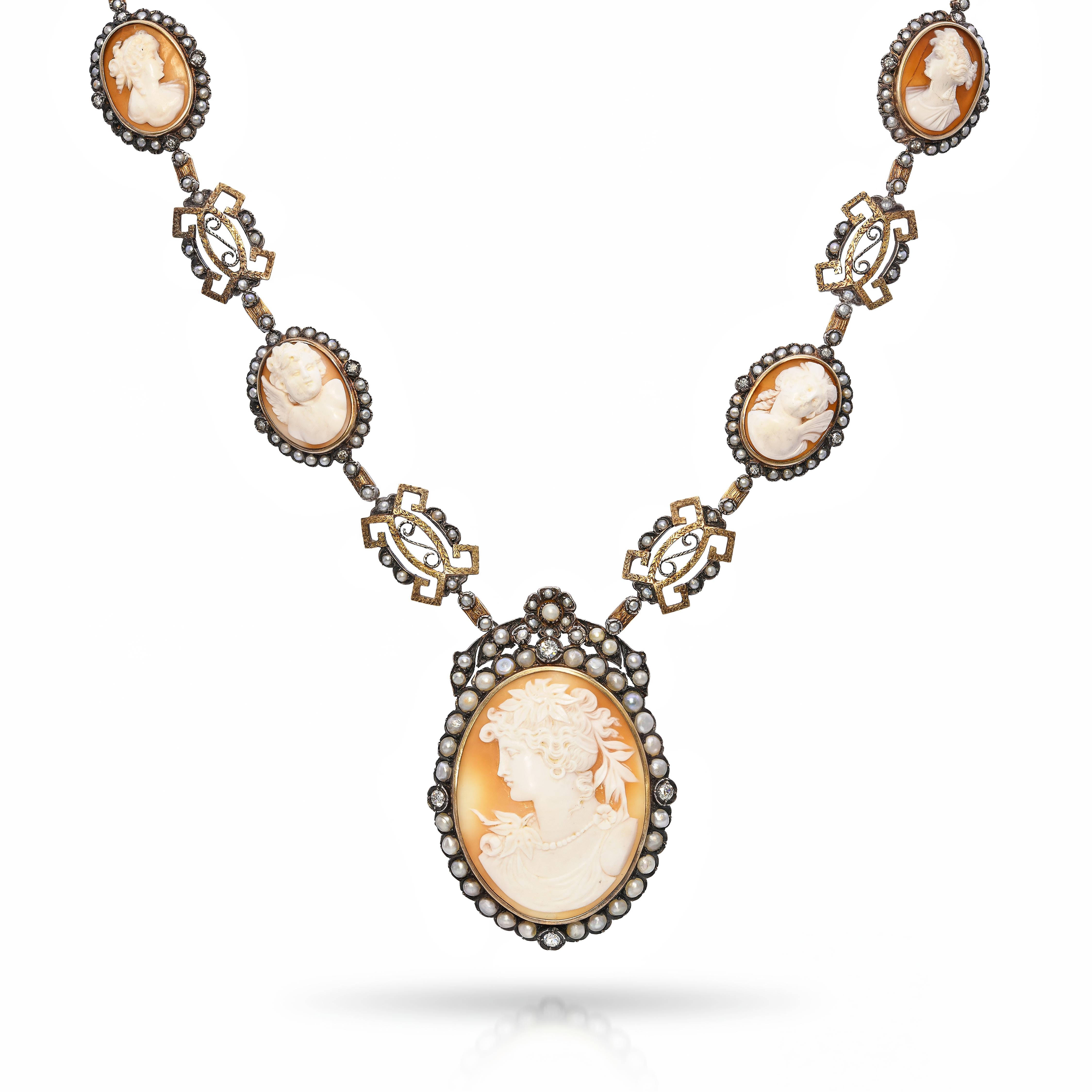Antique Silver Topped 14k Yellow Gold 2.00tcw Diamond Shell Cameo Necklace