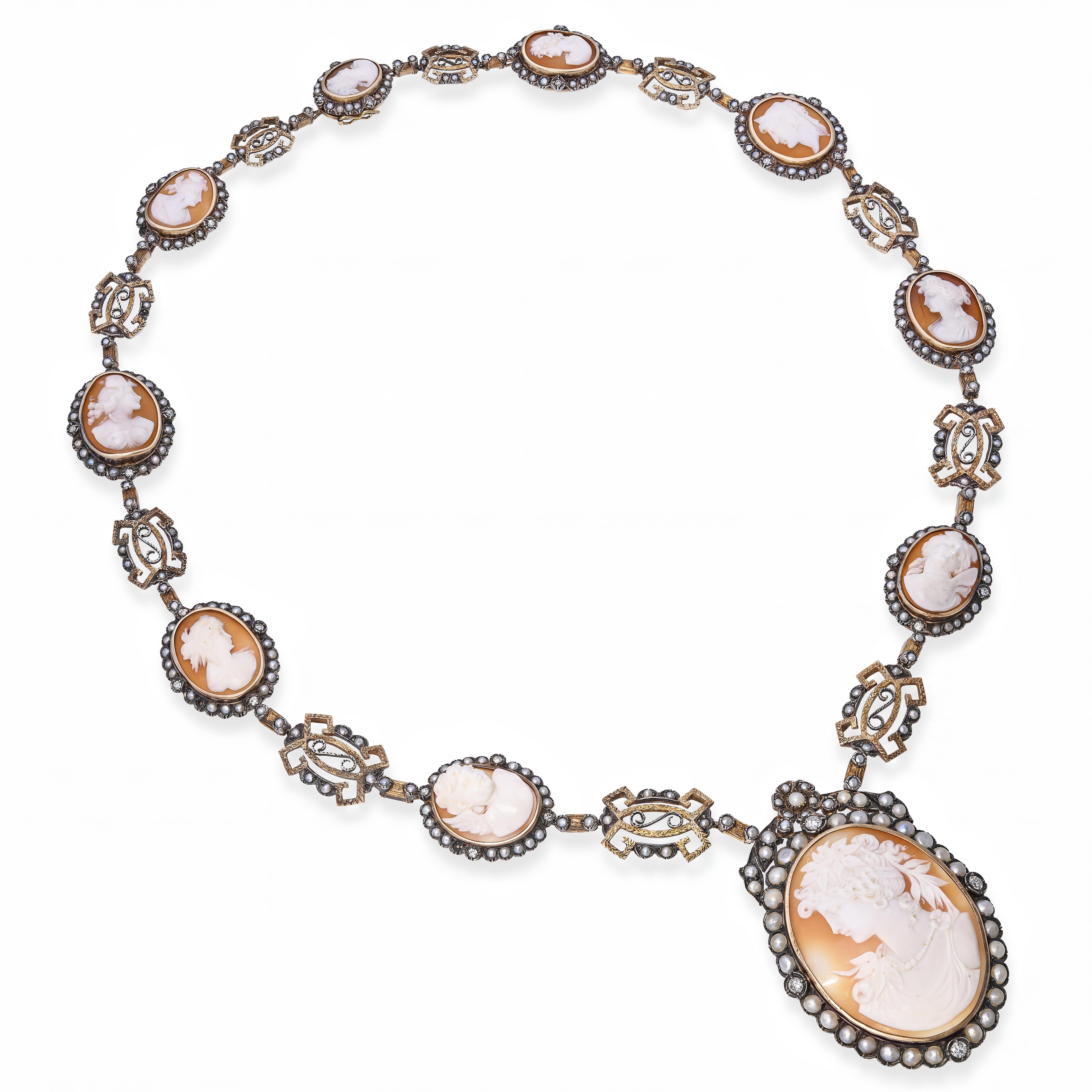 Antique Silver Topped 14k Yellow Gold 2.00tcw Diamond Shell Cameo Necklace