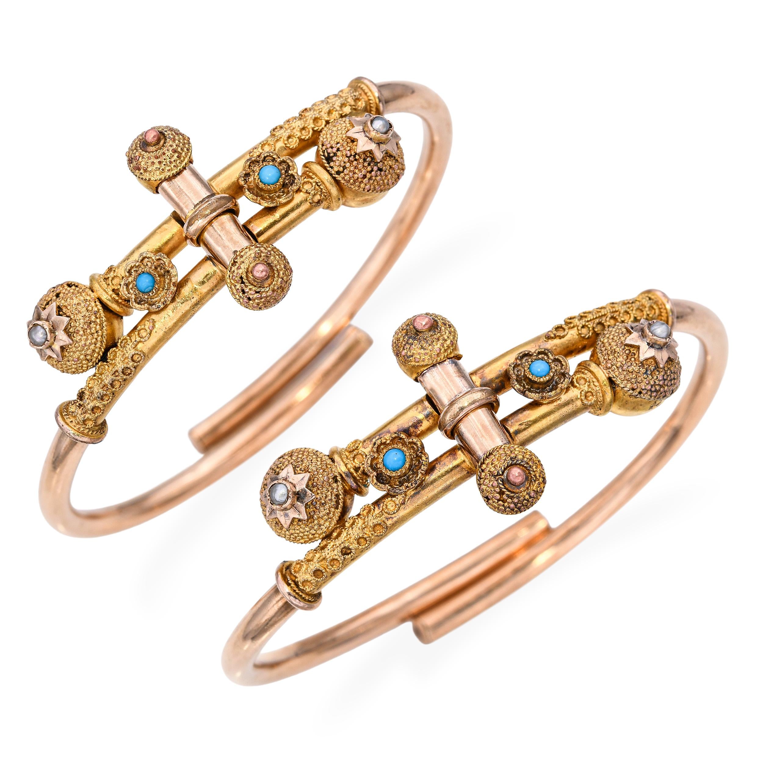 Antique Victorian Gold-Filled Pair of Etruscan Revival Turquoise Pearl Bracelets