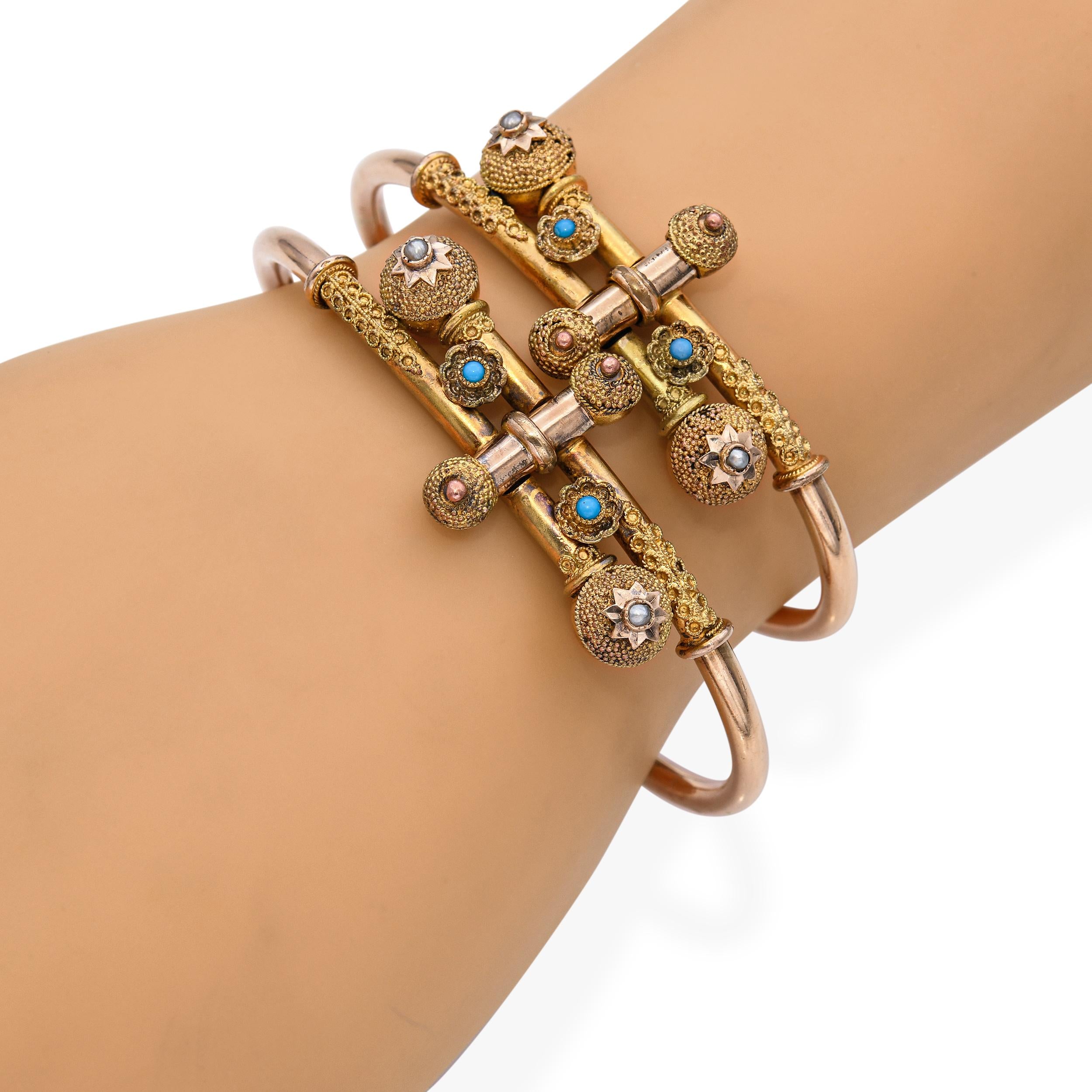 Antique Victorian Gold-Filled Pair of Etruscan Revival Turquoise Pearl Bracelets