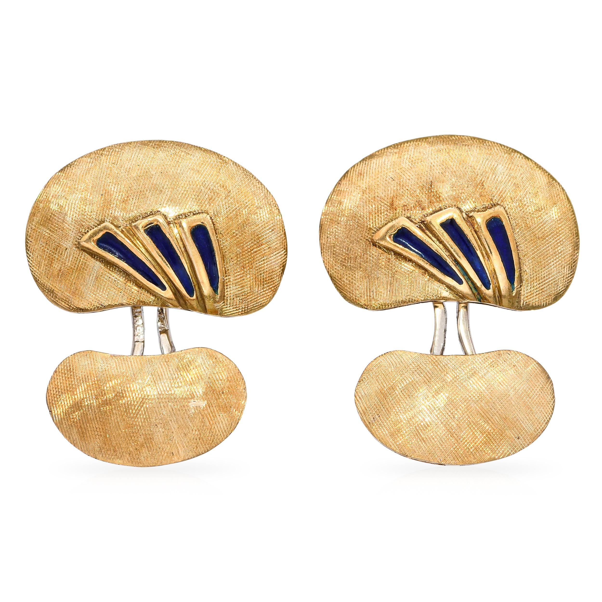 Vintage 18k Yellow Gold Florentine Finished Enamel Cufflinks