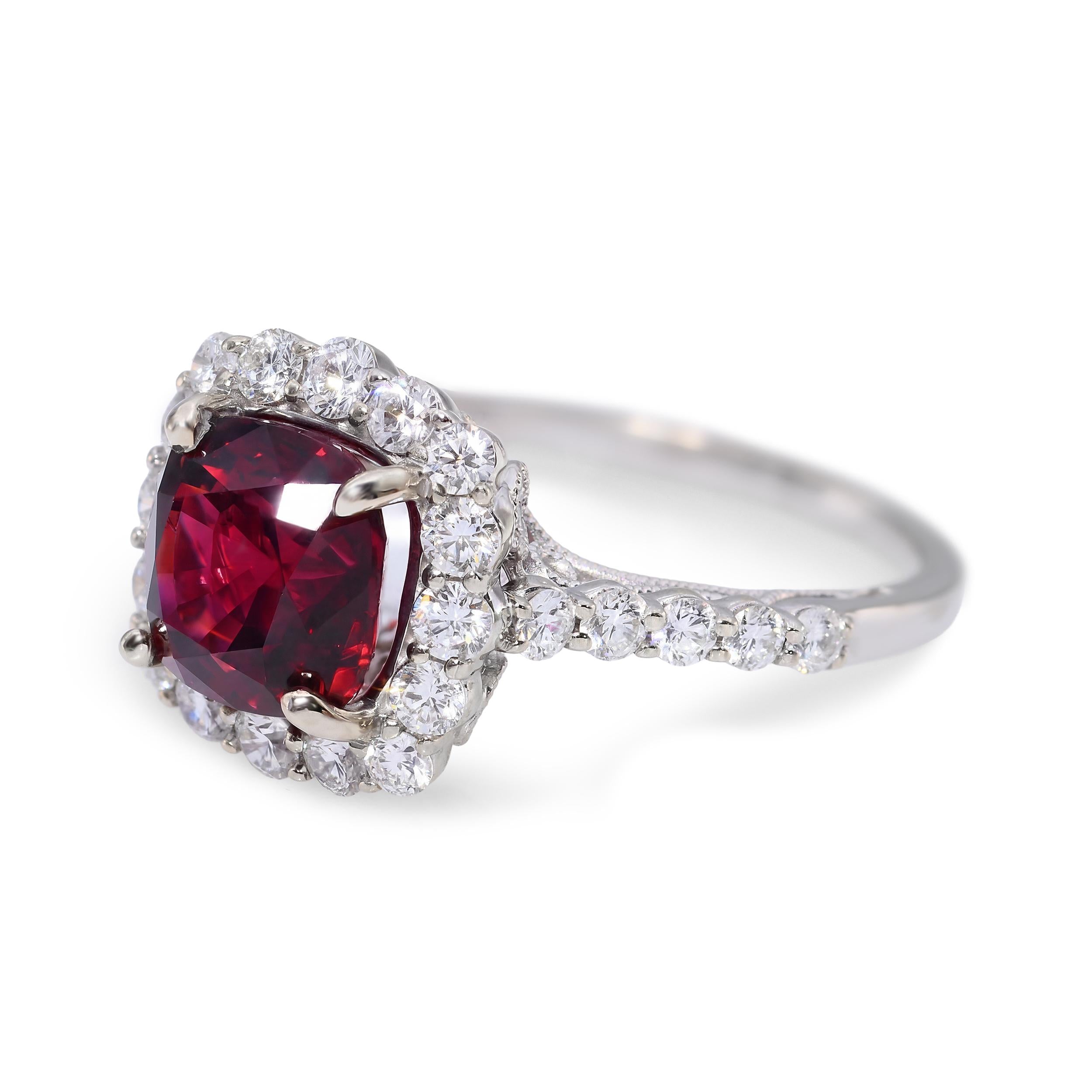 Vintage 18k White Gold 2.66ct GIA Burmese Red Spinel and Diamond Ring