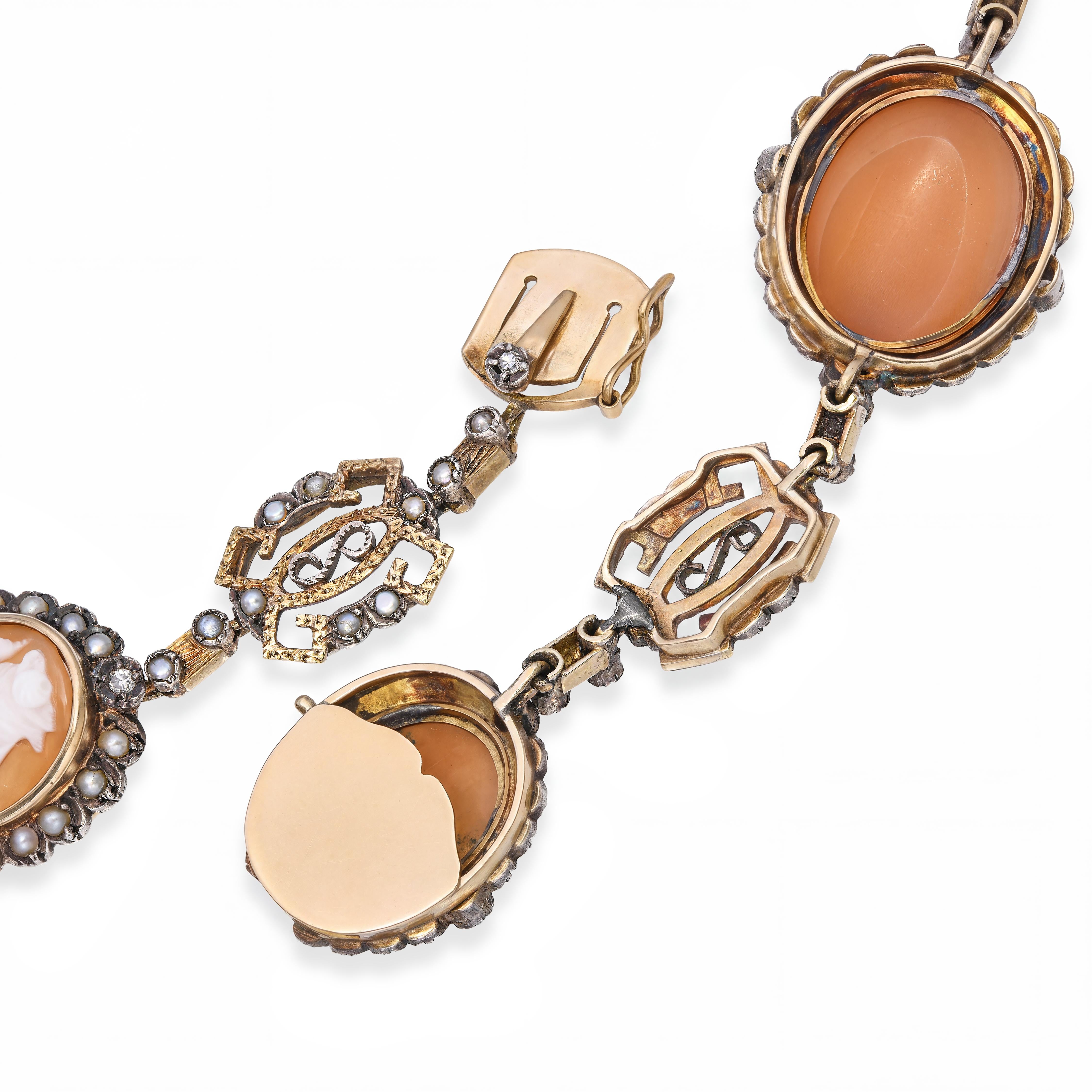 Antique Silver Topped 14k Yellow Gold 2.00tcw Diamond Shell Cameo Necklace