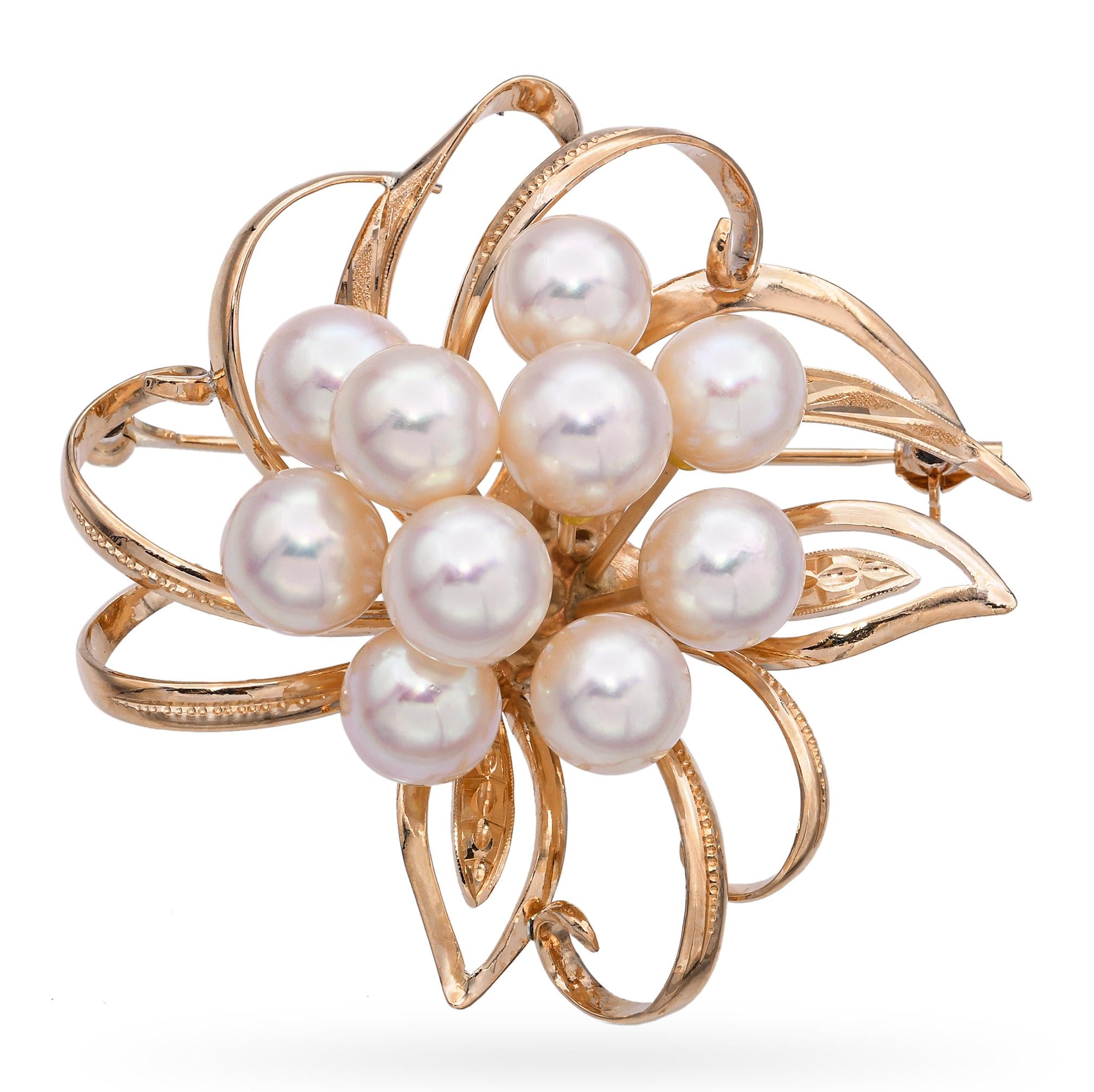 Vintage 14k Yellow Gold Pearl Floral Brooch