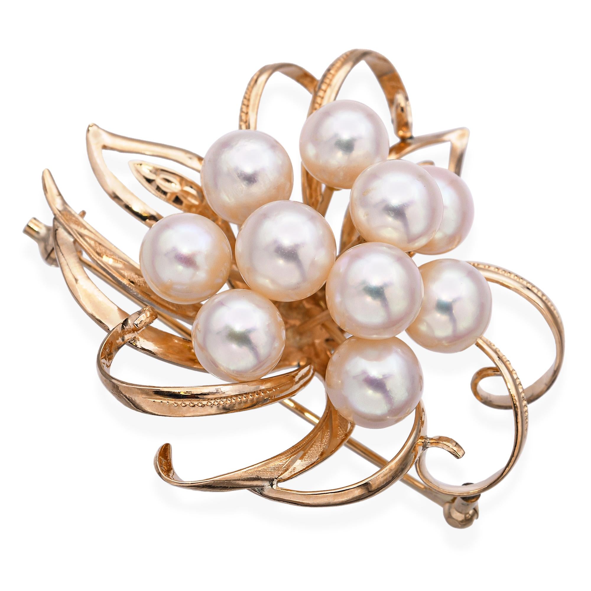 Vintage 14k Yellow Gold Pearl Floral Brooch