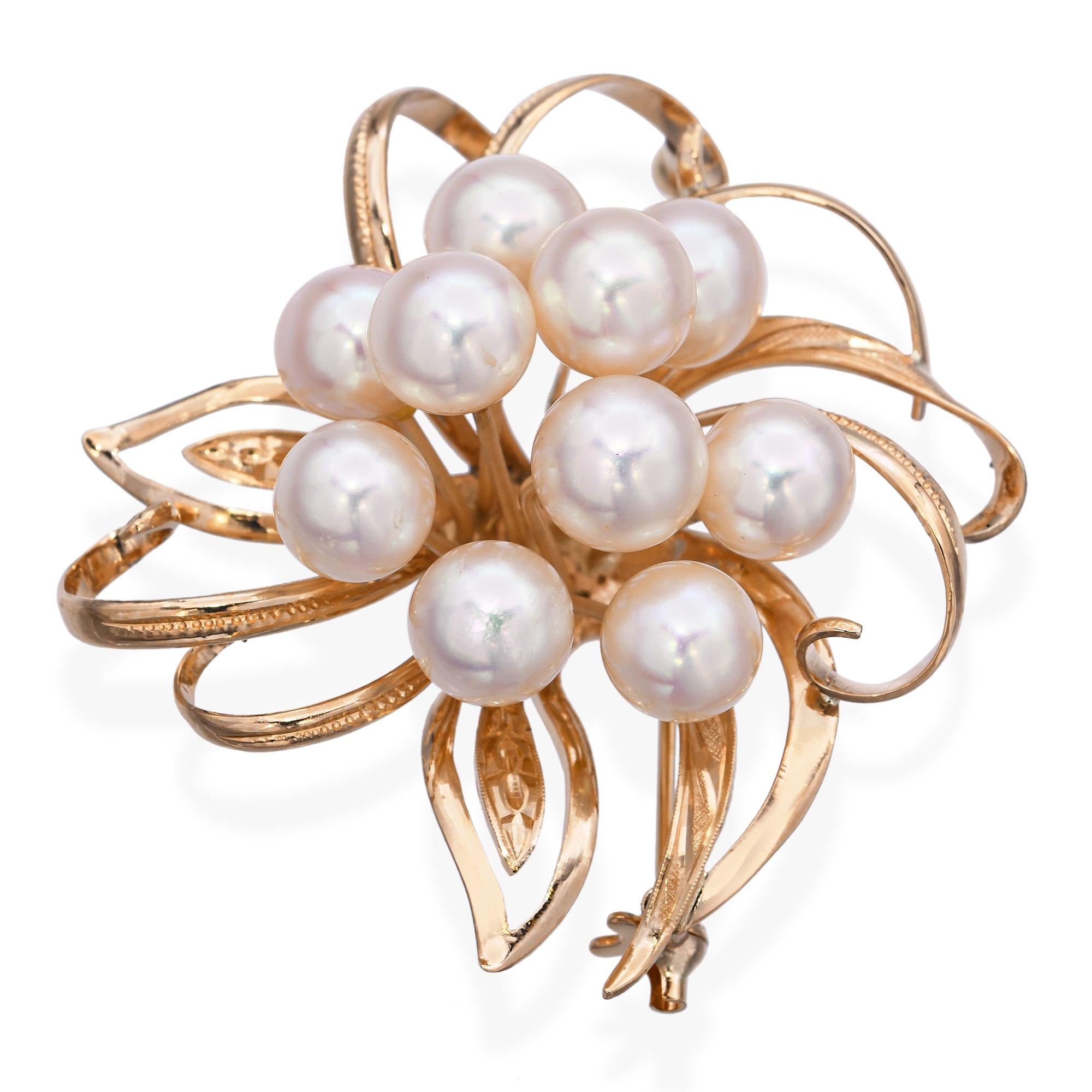 Vintage 14k Yellow Gold Pearl Floral Brooch