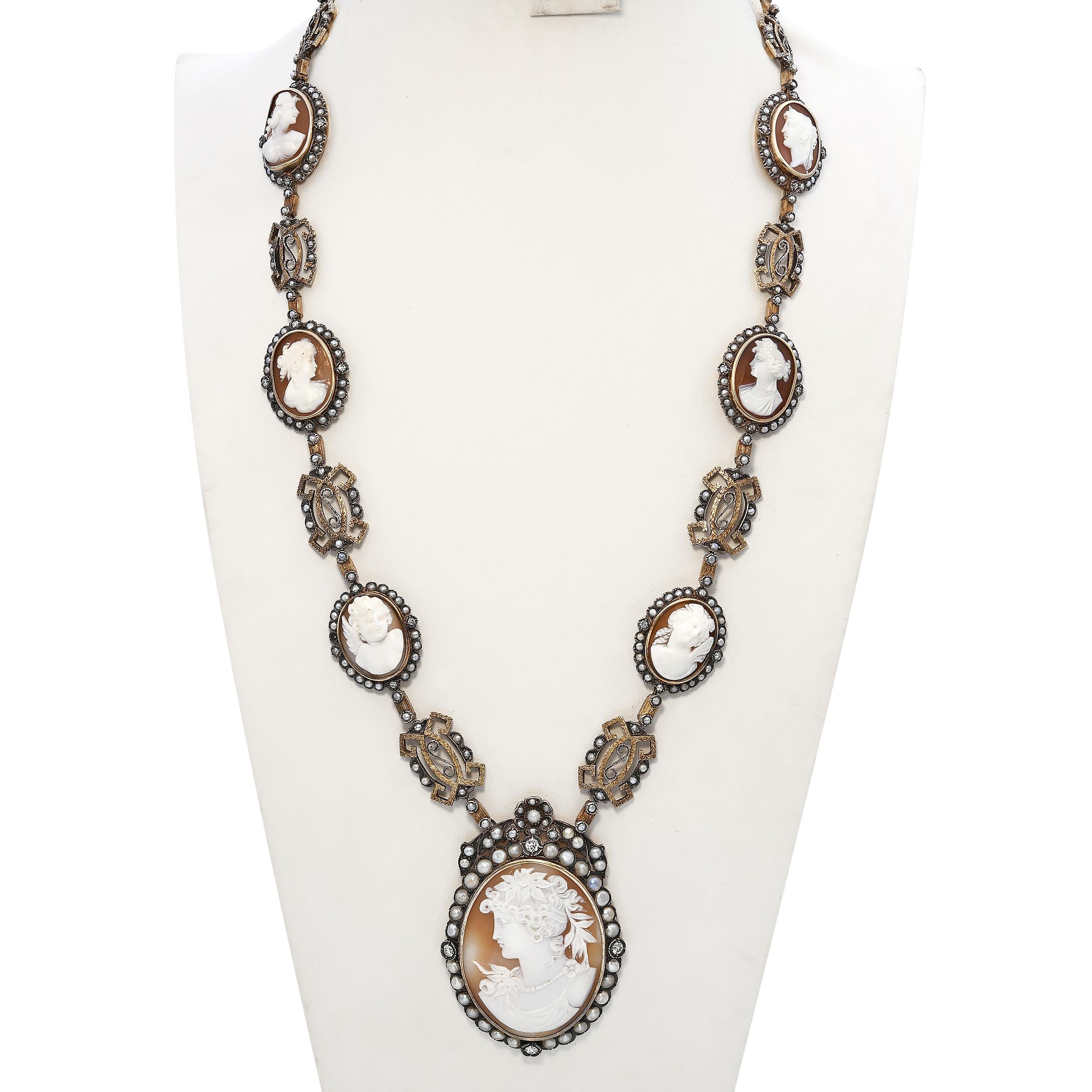 Antique Silver Topped 14k Yellow Gold 2.00tcw Diamond Shell Cameo Necklace