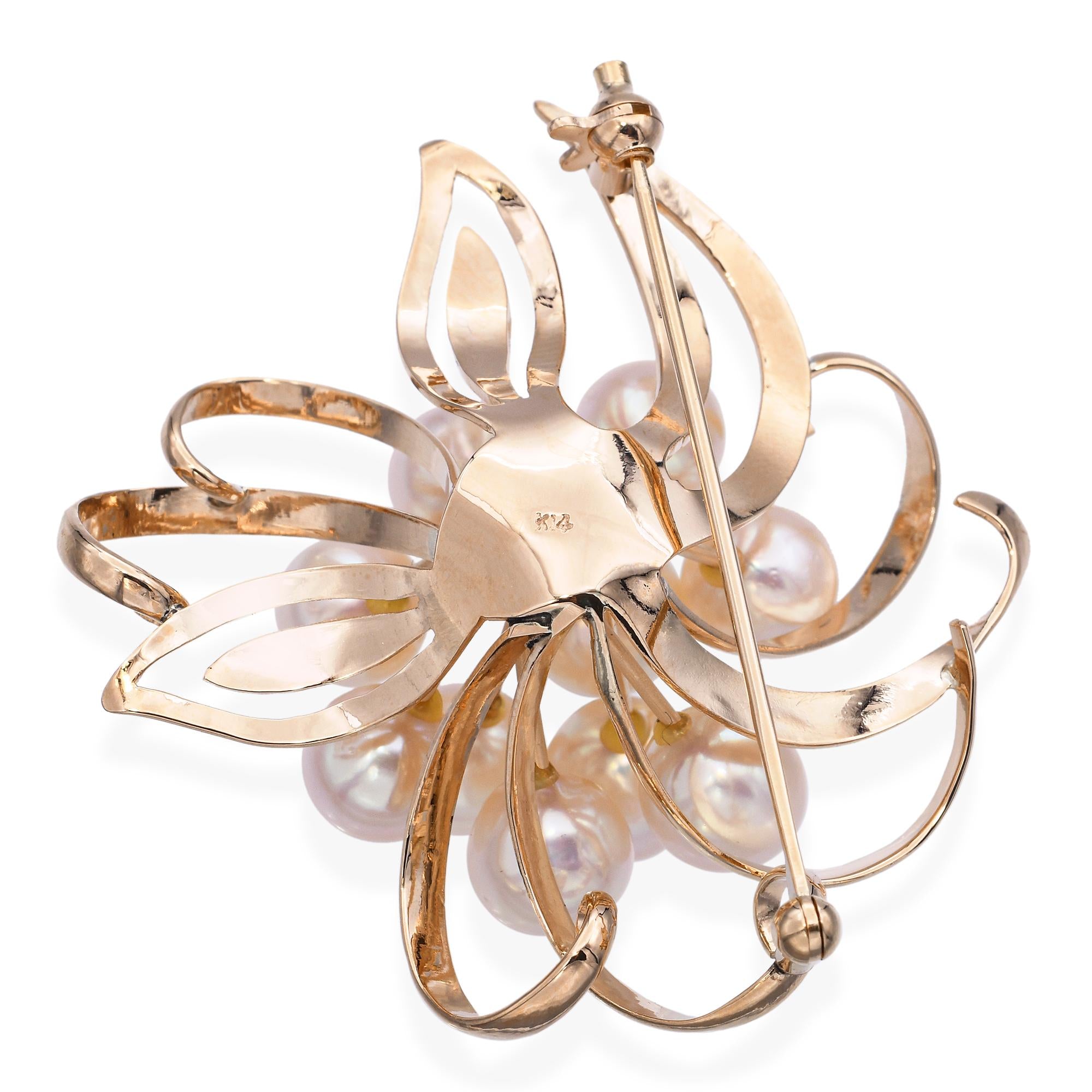 Vintage 14k Yellow Gold Pearl Floral Brooch