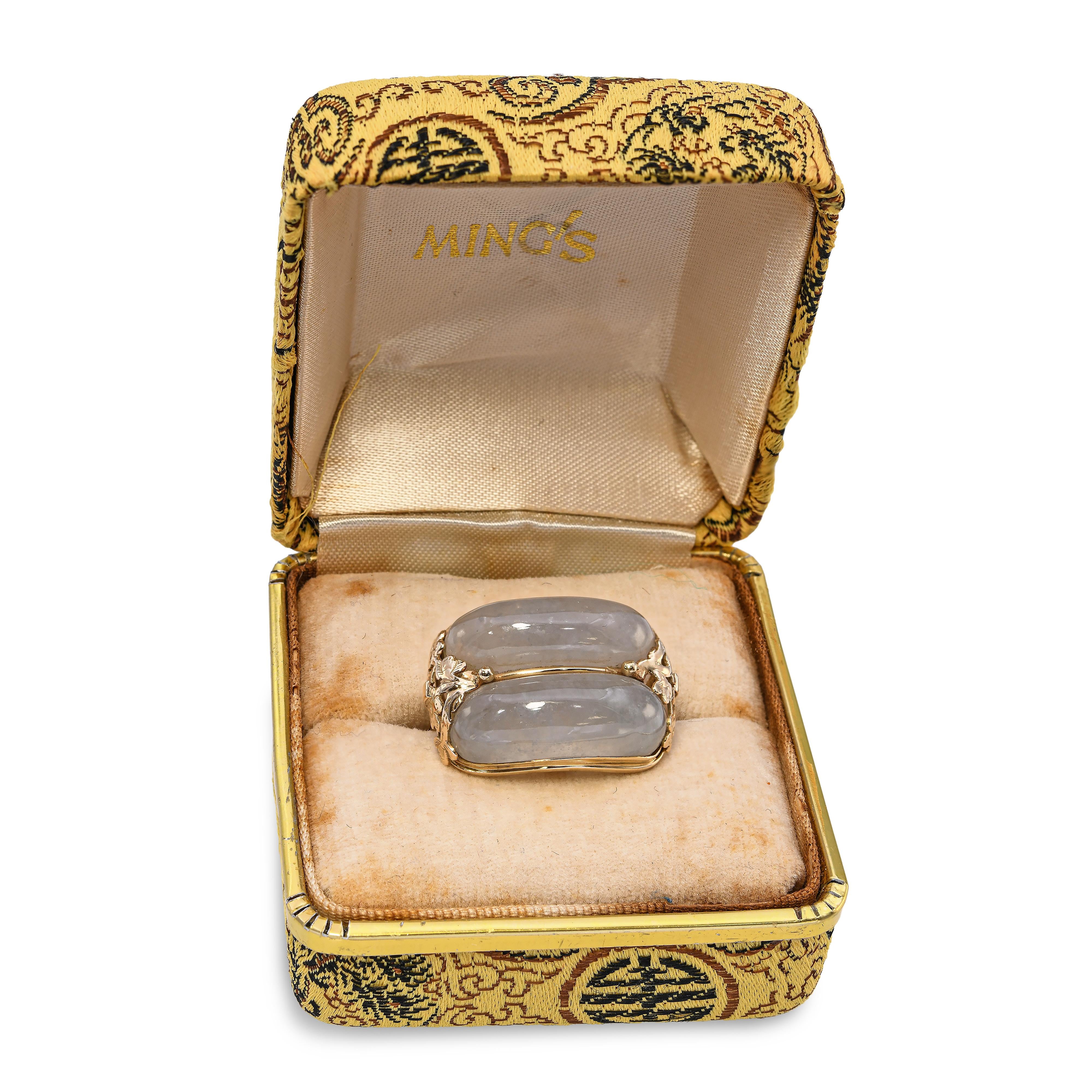 Vintage Ming's Yellow Gold Gray Jade Floral Accented Ring