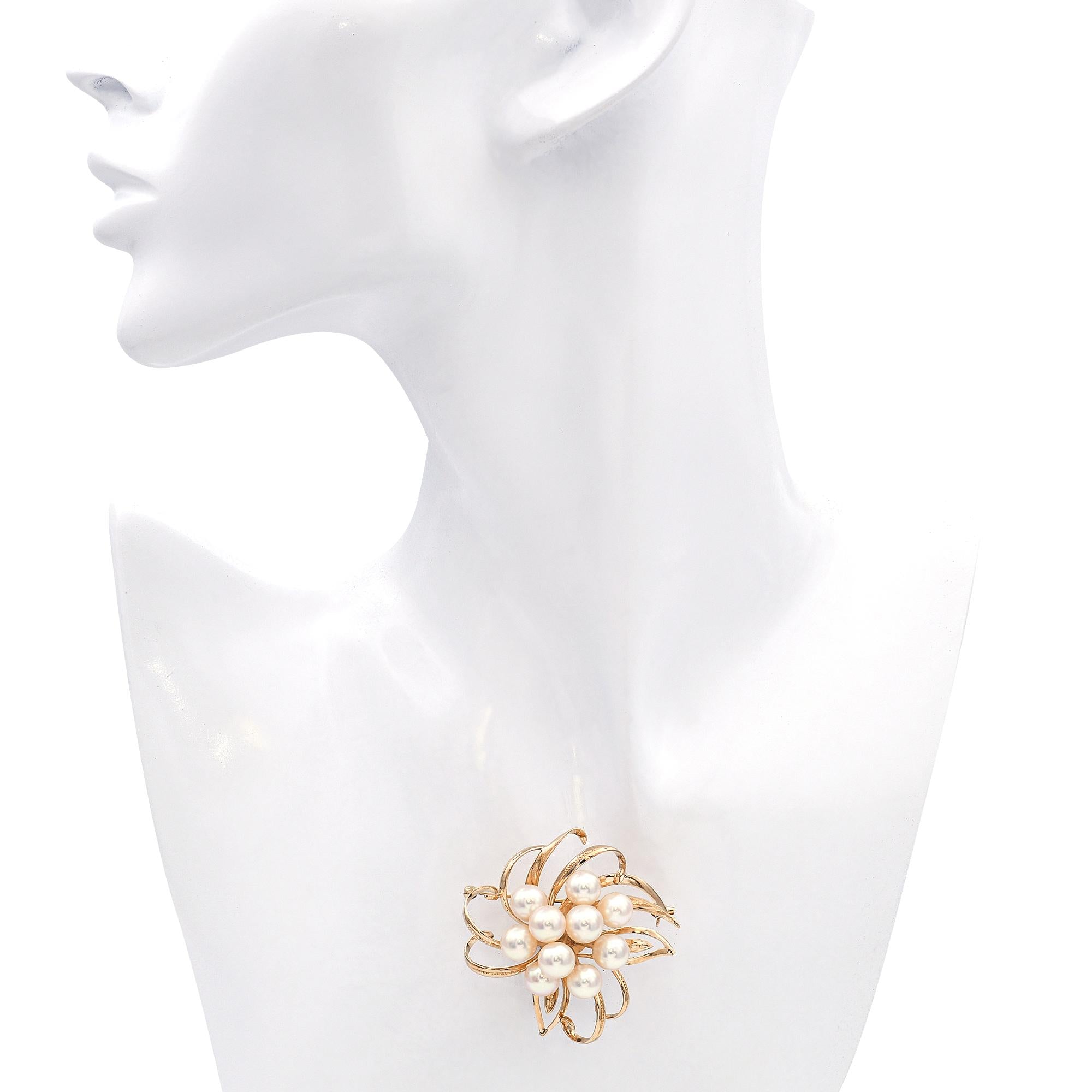 Vintage 14k Yellow Gold Pearl Floral Brooch