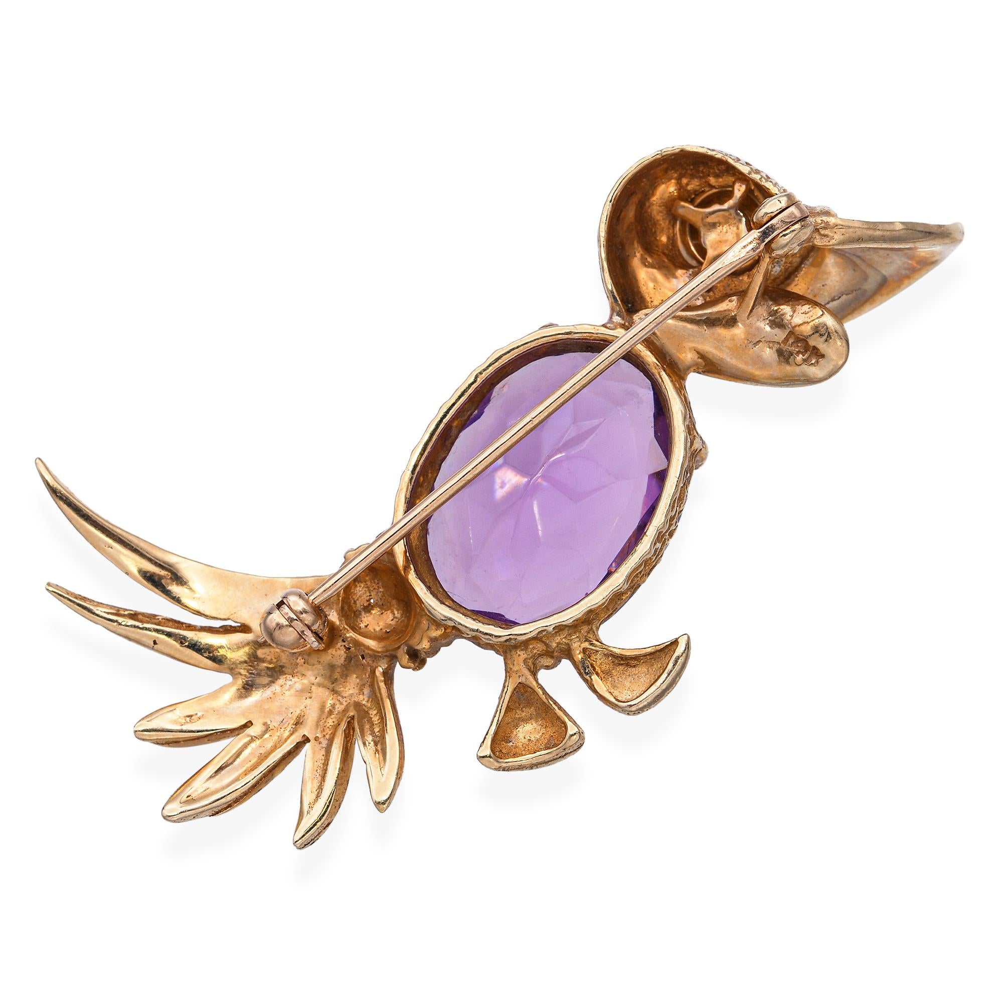 Vintage 14k Yellow Gold Amethyst Pearl and Garnet Bird Brooch Pin