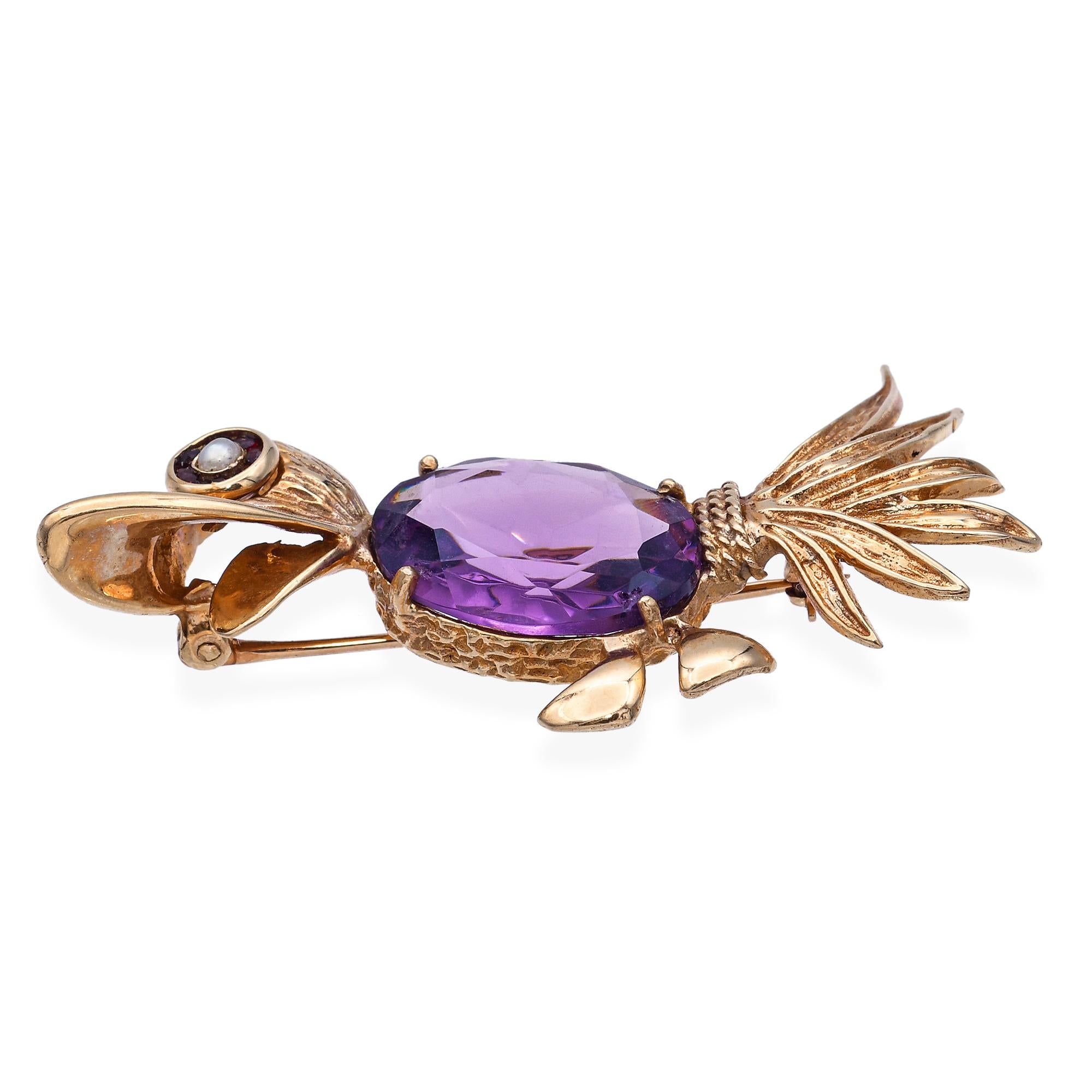 Vintage 14k Yellow Gold Amethyst Pearl and Garnet Bird Brooch Pin