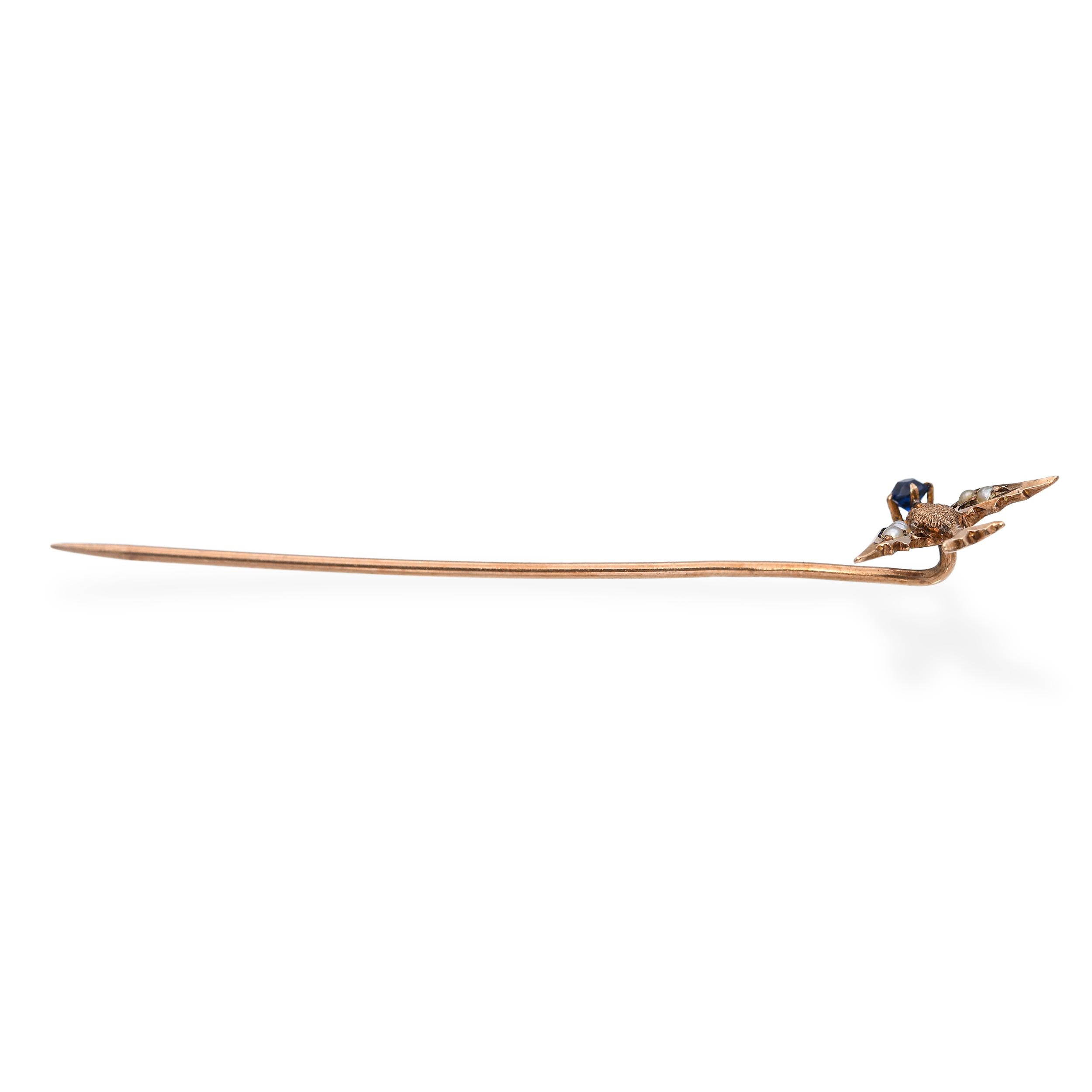Antique 10k Gold Sapphire & Seed Pearls Bird Stick Pin