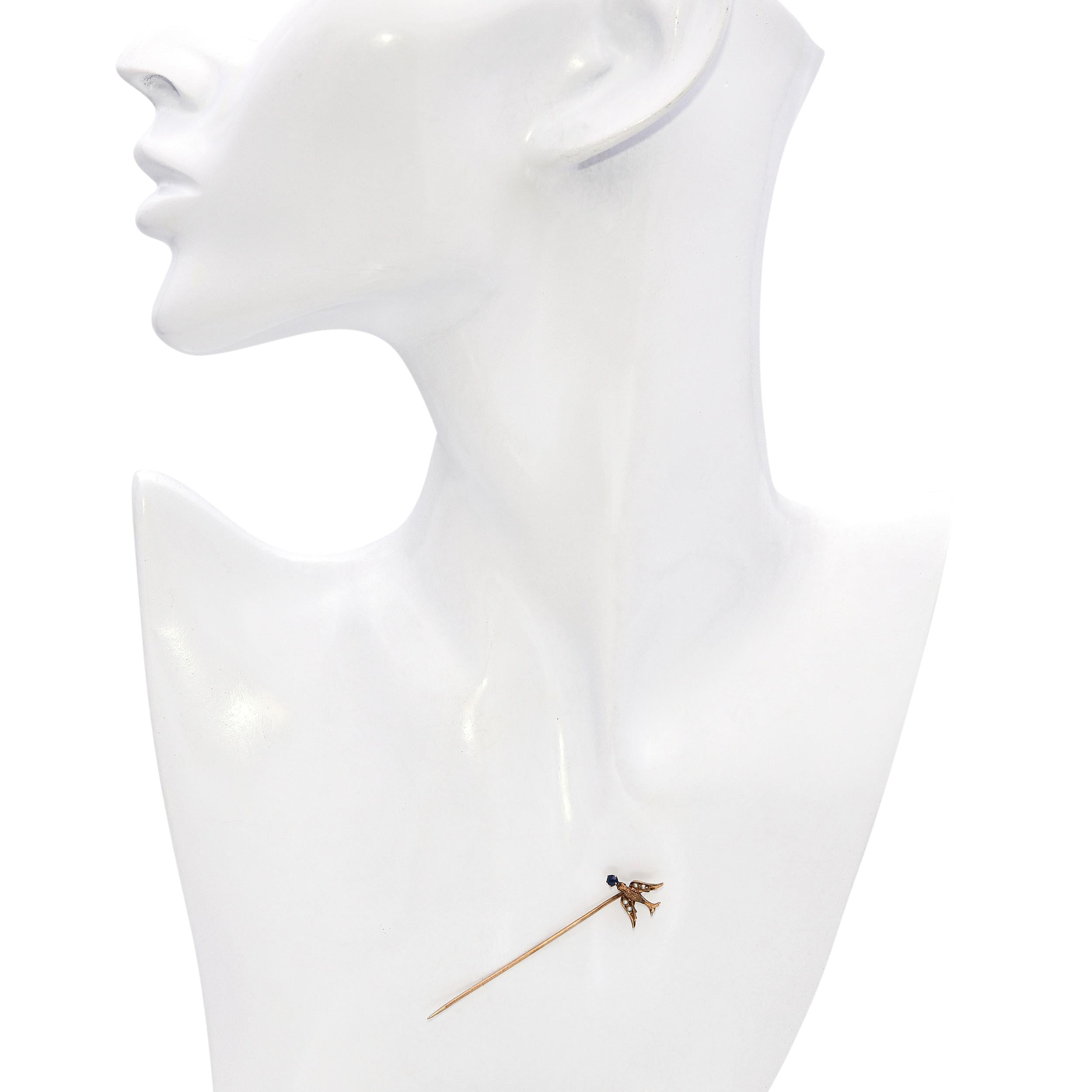 Antique 10k Gold Sapphire & Seed Pearls Bird Stick Pin