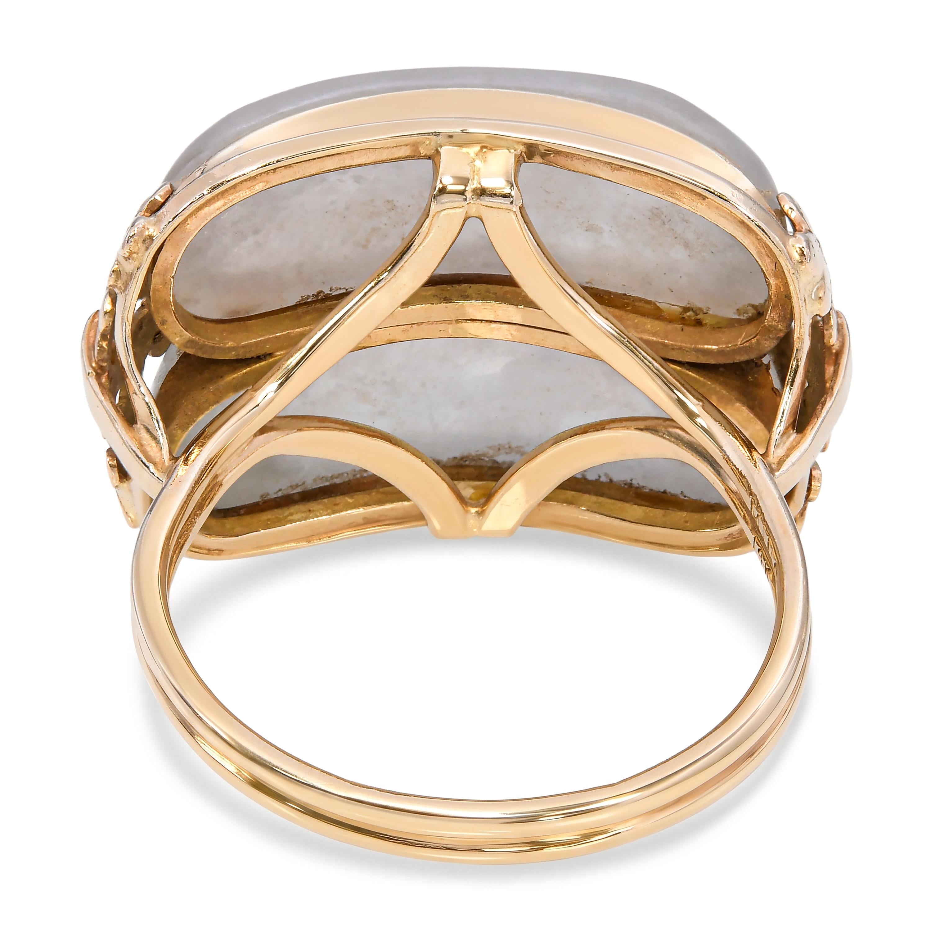 Vintage Ming's Yellow Gold Gray Jade Floral Accented Ring
